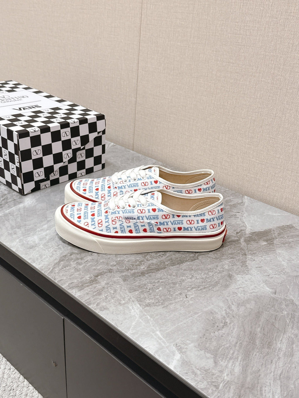 VALENTINO 25S GARAVANI X VANS SNEAKERS IN WHITE MIX BLUE CANVAS