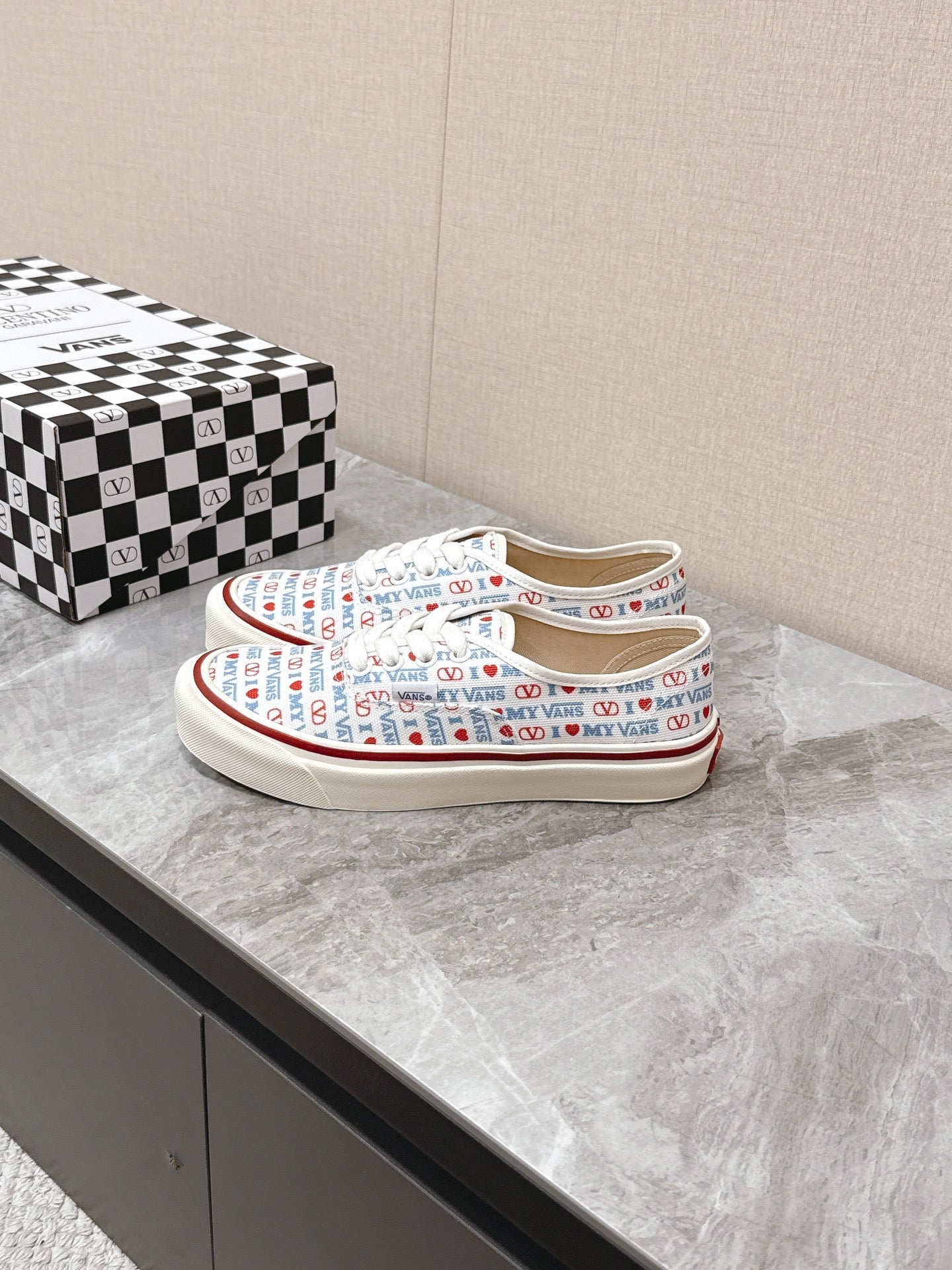 VALENTINO 25S GARAVANI X VANS SNEAKERS IN WHITE MIX BLUE CANVAS