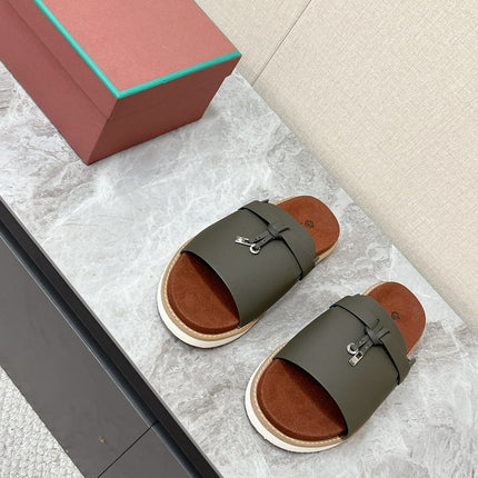 LP 26S LOCK MULE SLIDES IN OLIVE GREEN CALFSKIN SILVER HARDWARE