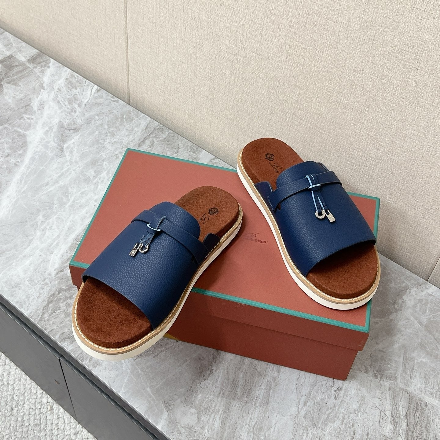 LP 26S LOCK MULE SLIDES IN DARK BLUE CALFSKIN SILVER HARDWARE
