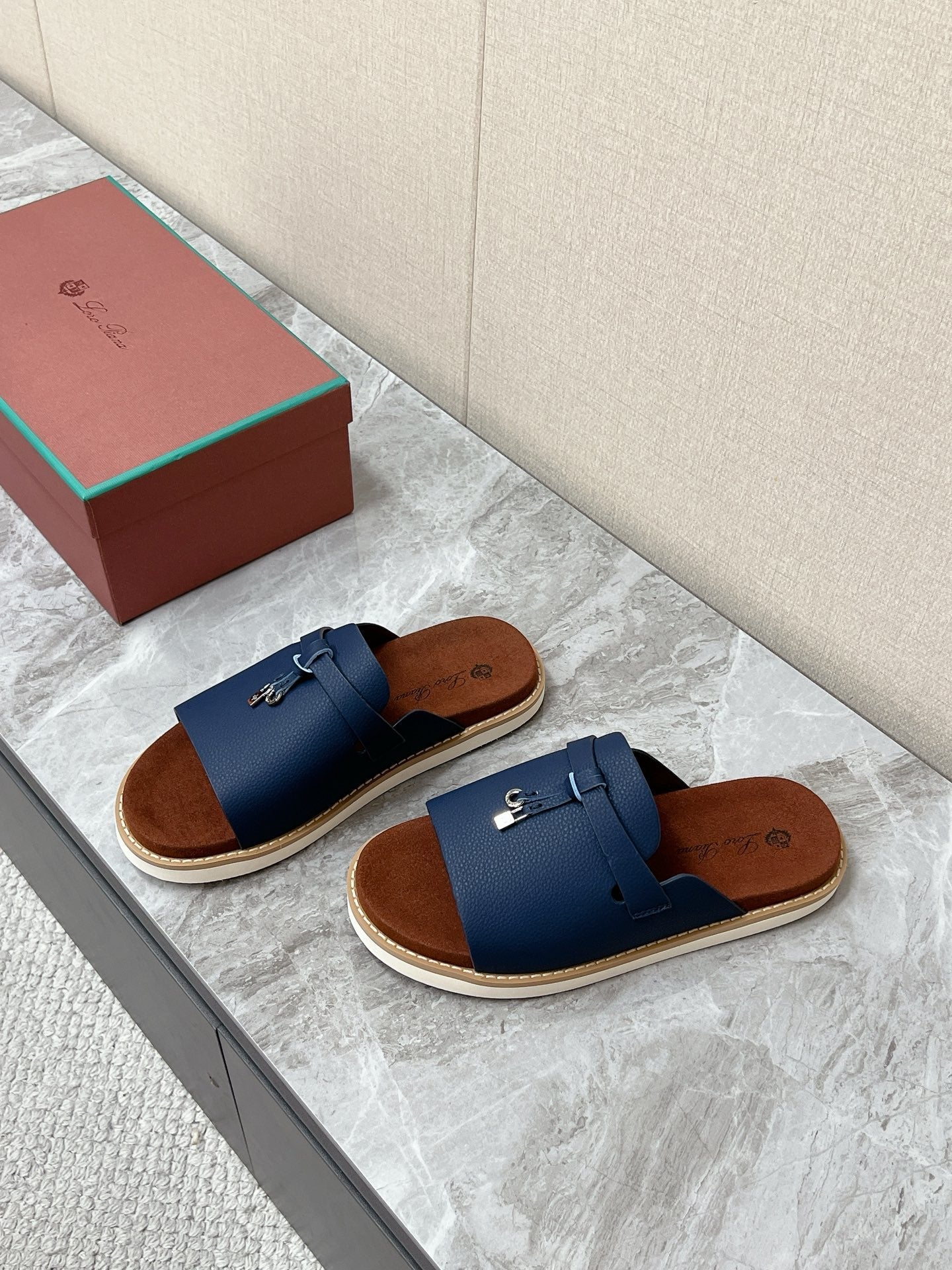 LP 26S LOCK MULE SLIDES IN DARK BLUE CALFSKIN SILVER HARDWARE