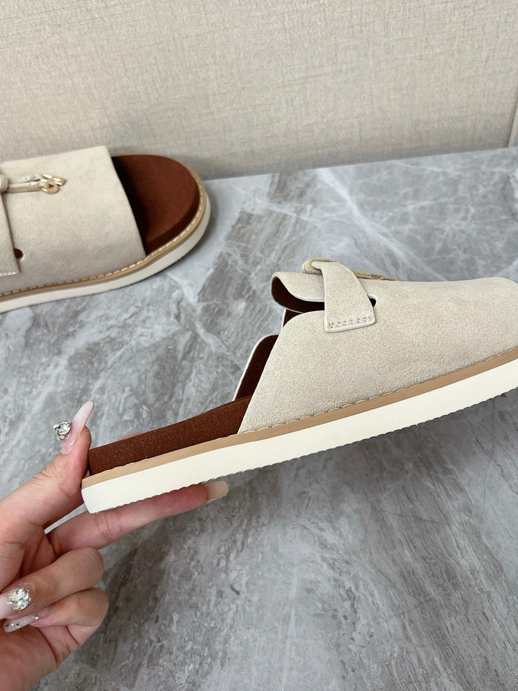 LP 26S LOCK MULE SLIDES IN BEIGE SUEDE SILVER HARDWARE