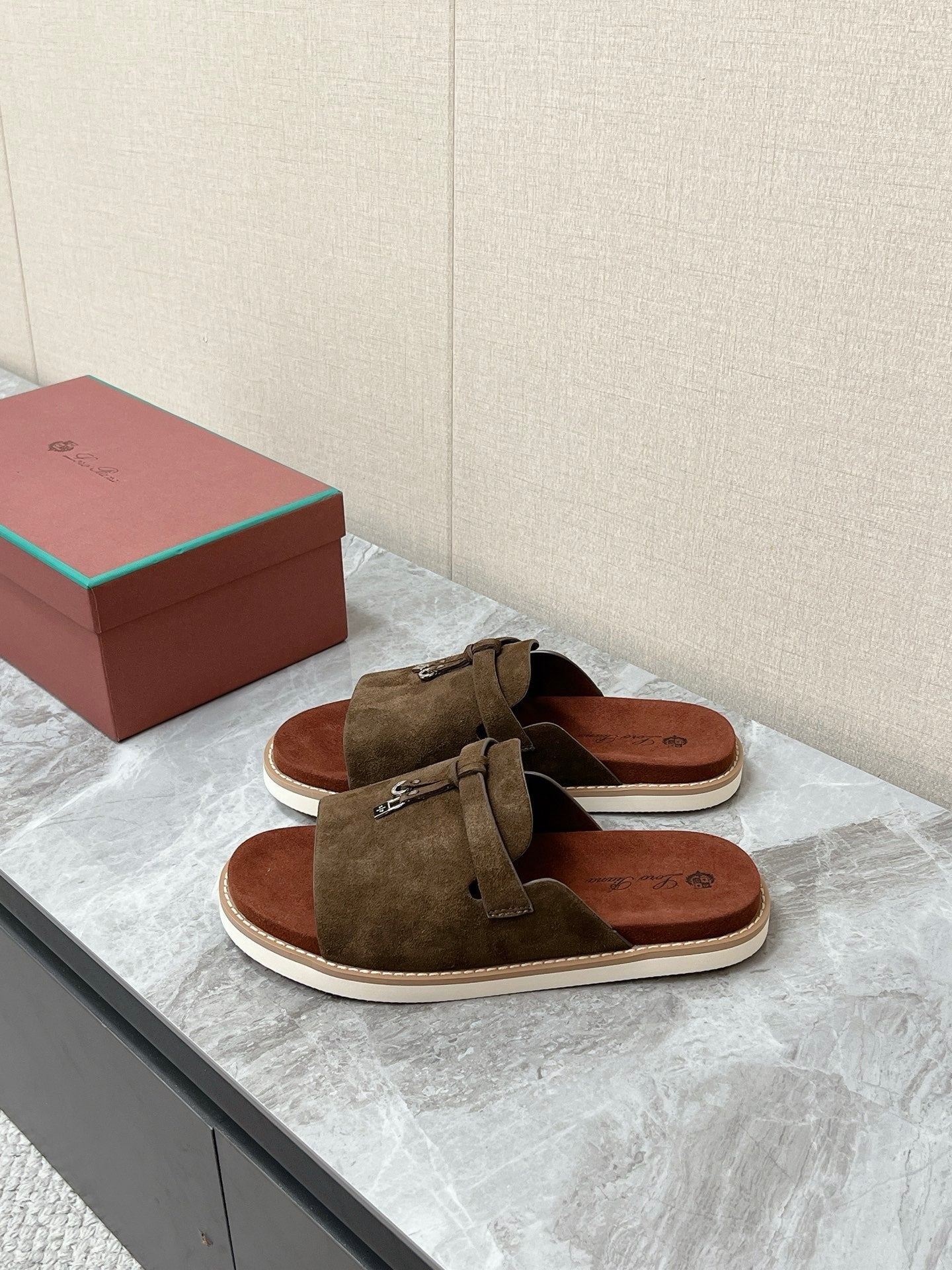 LP 26S LOCK MULE SLIDES IN OLIVE BROWN SUEDE SILVER HARDWARE