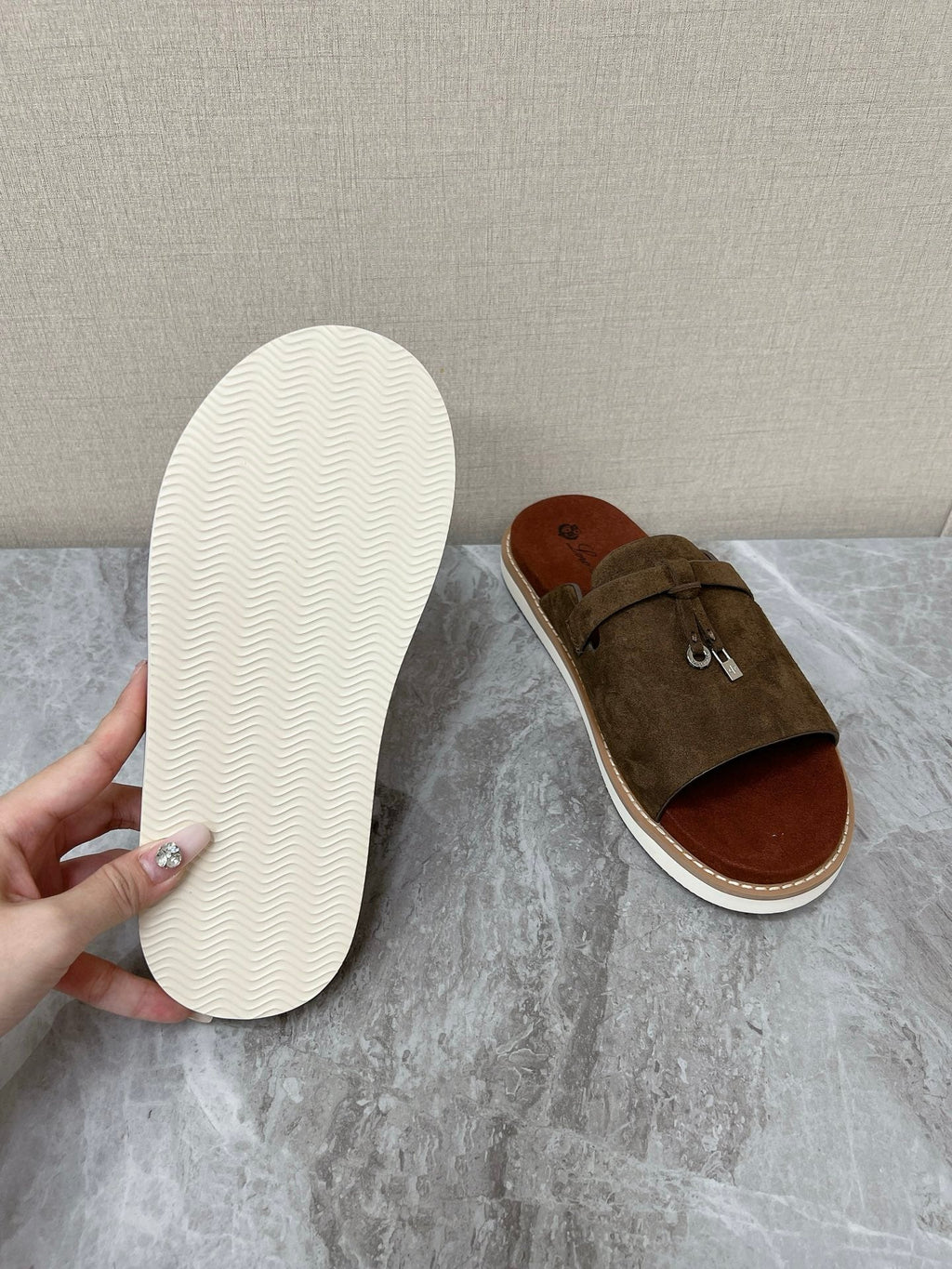 LP 26S LOCK MULE SLIDES IN OLIVE BROWN SUEDE SILVER HARDWARE