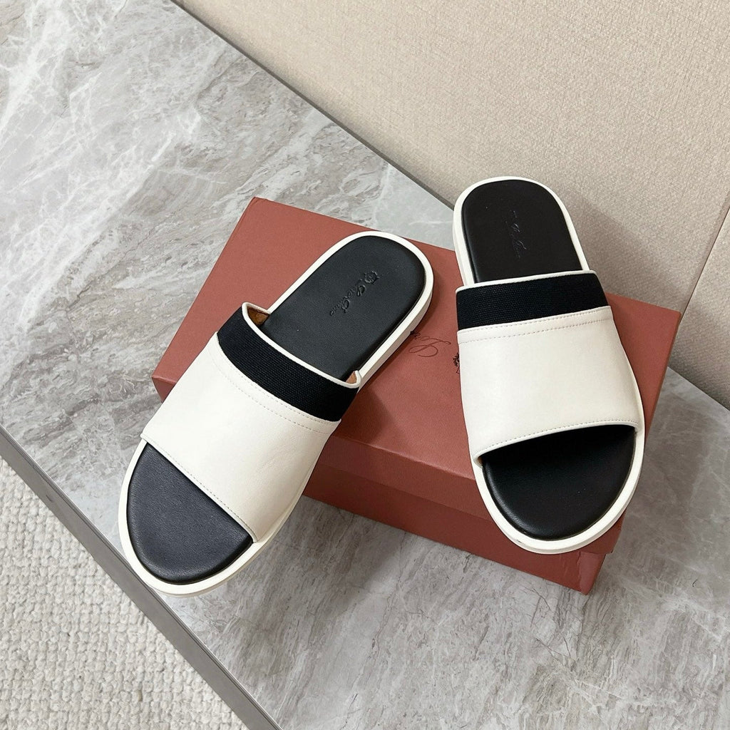 LP 26S SLIDES SANDAL IN WHITE CALFSKIN AND BLACK CANVAS