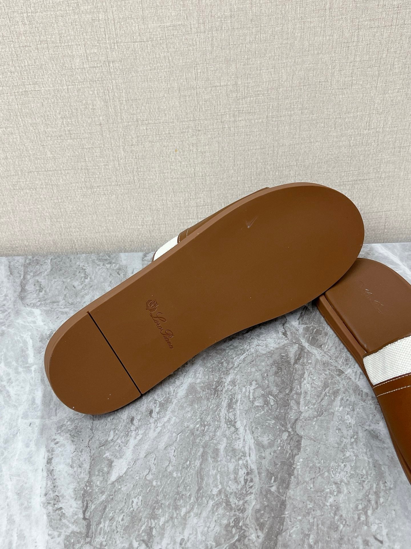 LP 26S SLIDES SANDAL IN BROWN CALFSKIN AND IVORY WHITE CANVAS