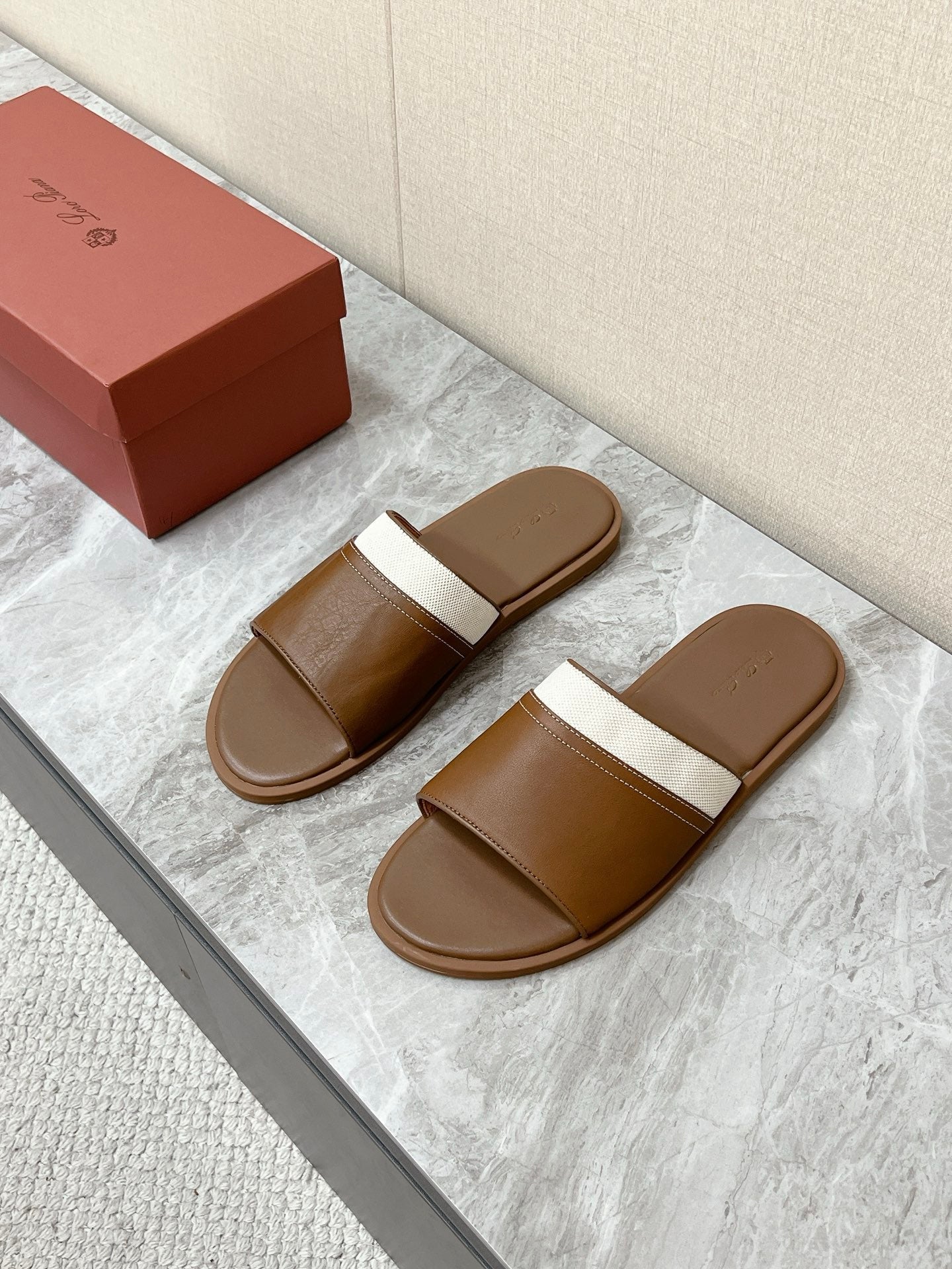 LP 26S SLIDES SANDAL IN BROWN CALFSKIN AND IVORY WHITE CANVAS