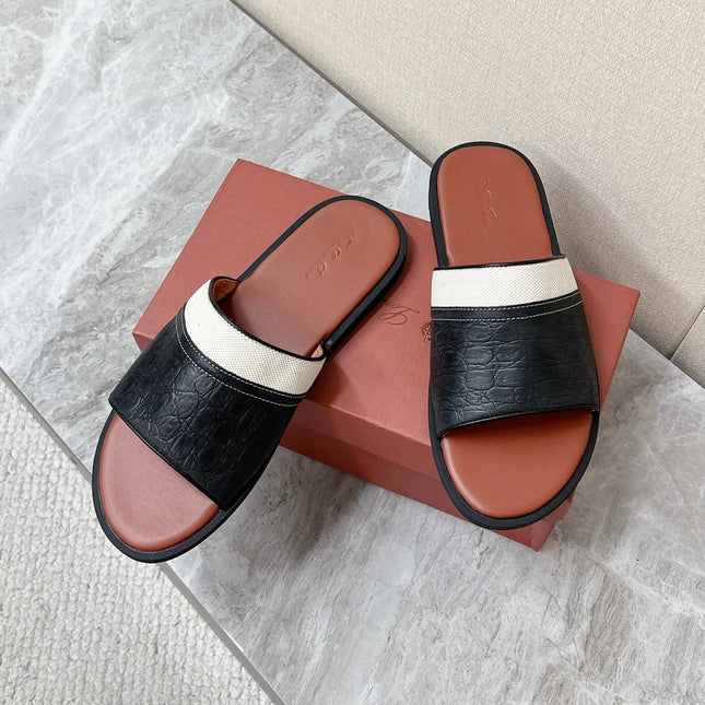 LP 26S SLIDES SANDAL IN BLACK GRAINED CALFSKIN AND IVORY WHITE CANVAS