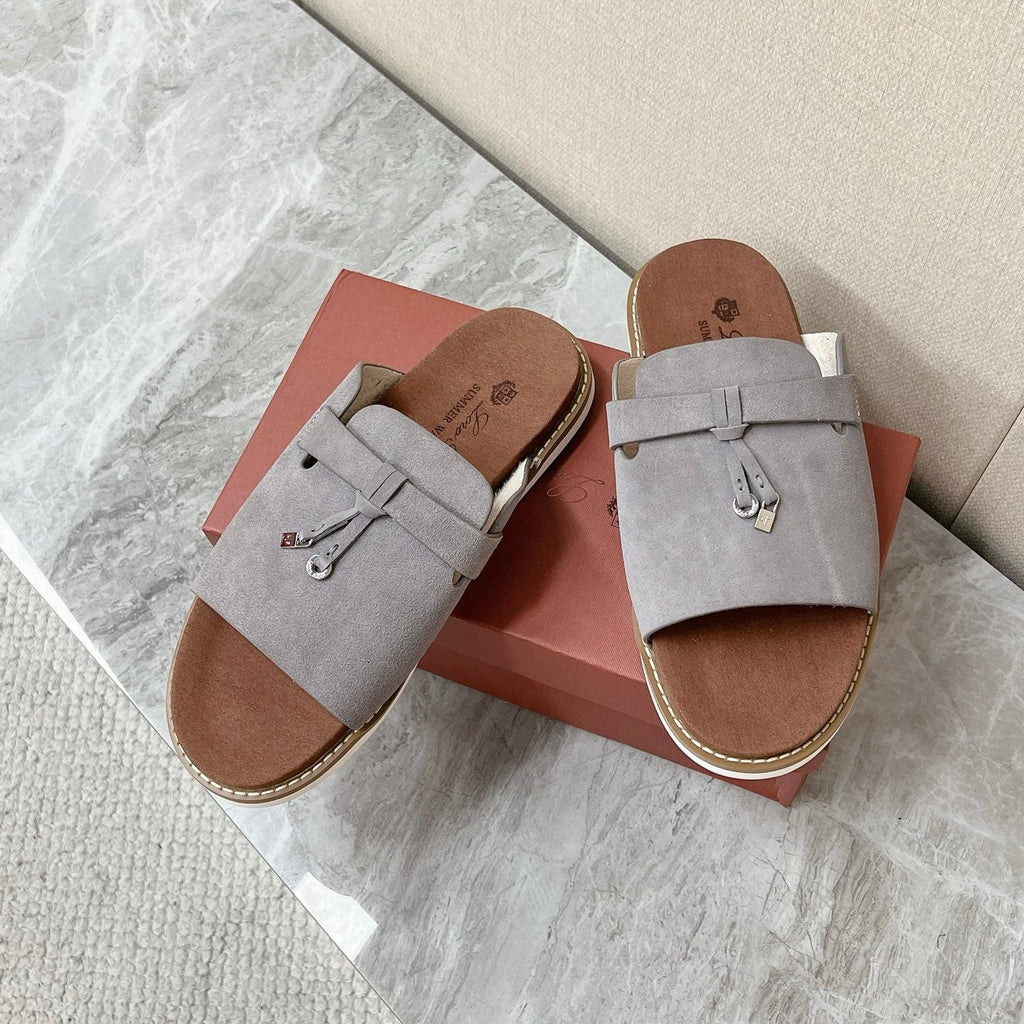 LP 26S LOCK CHARM SLIDES IN GREY SUEDE SILVER HARDWARE
