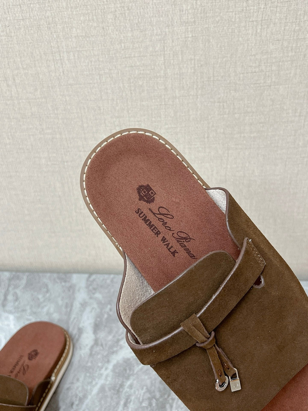 LP 26S LOCK CHARM SLIDES IN DARK BROWN SUEDE SILVER HARDWARE