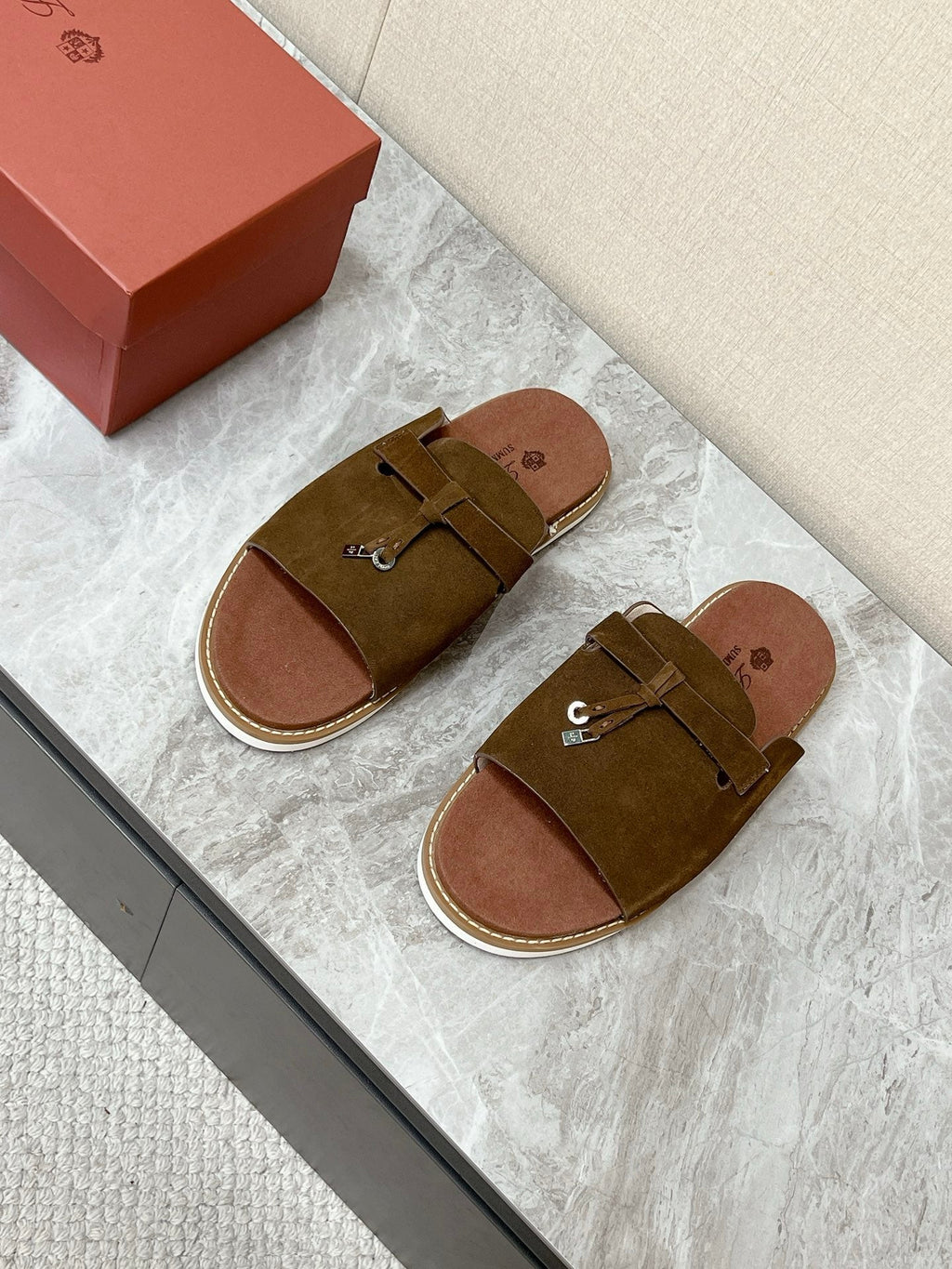 LP 26S LOCK CHARM SLIDES IN DARK BROWN SUEDE SILVER HARDWARE