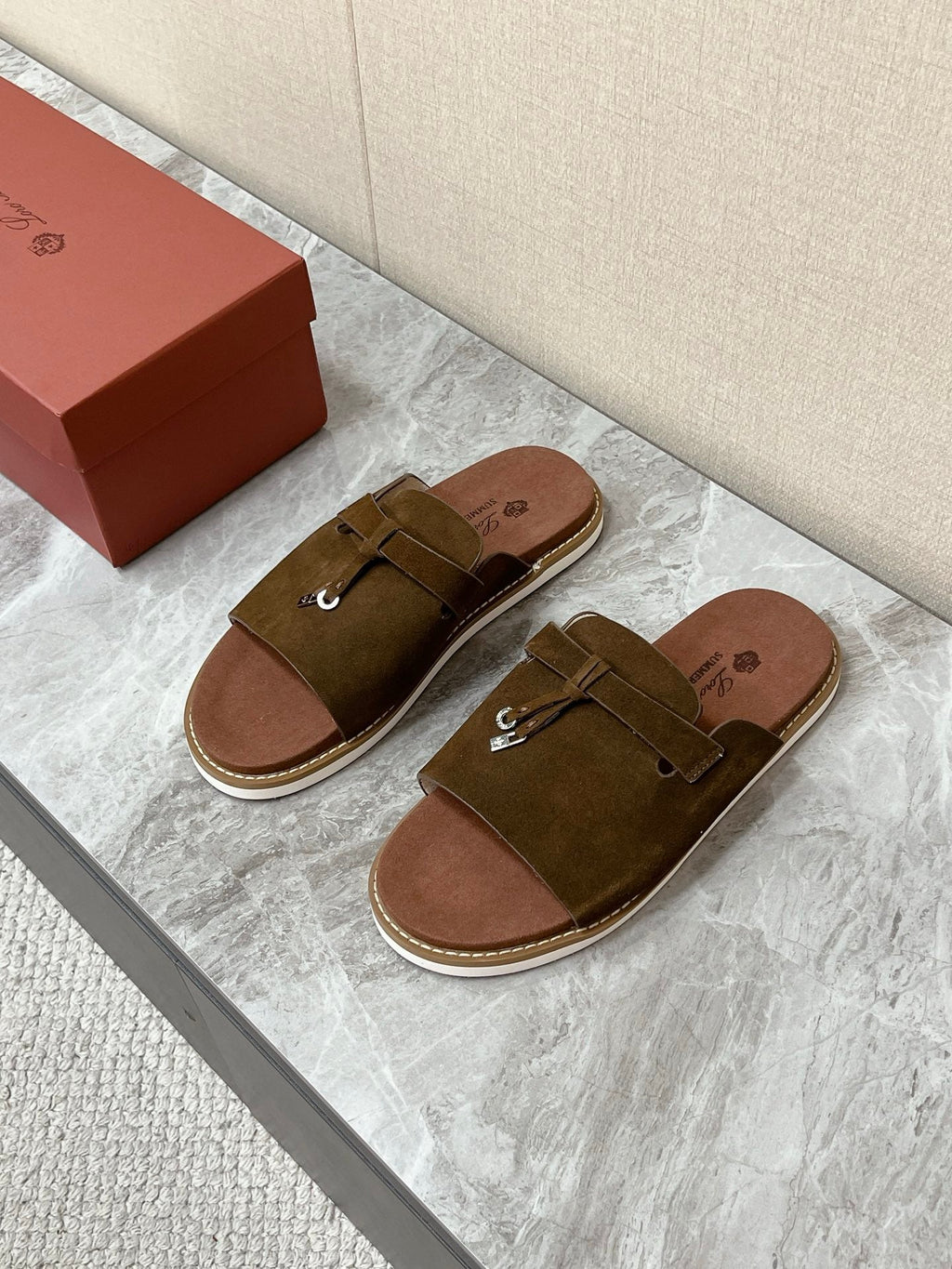 LP 26S LOCK CHARM SLIDES IN DARK BROWN SUEDE SILVER HARDWARE