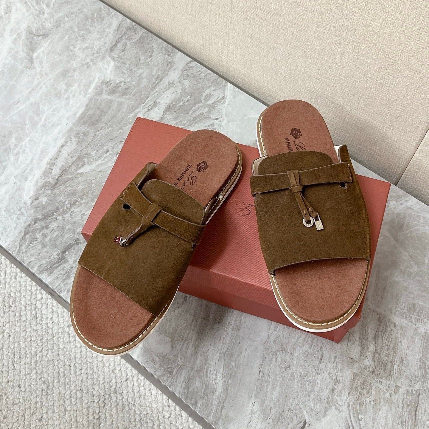 LP 26S LOCK CHARM SLIDES IN DARK BROWN SUEDE SILVER HARDWARE