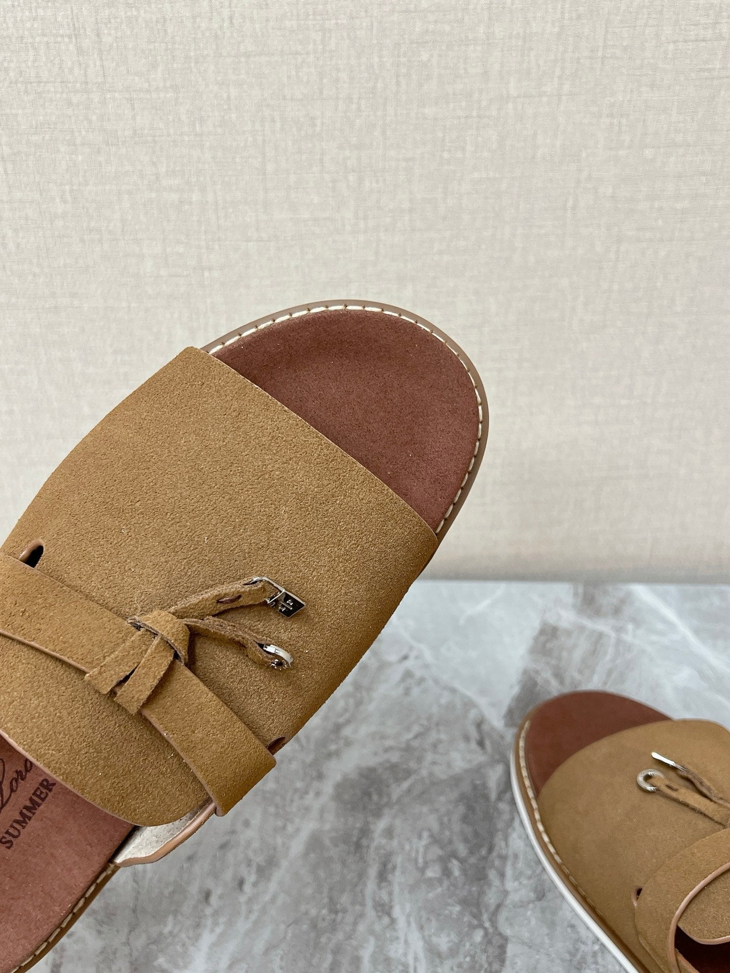 LP 26S LOCK CHARM SLIDES IN OLIVE BROWN SUEDE SILVER HARDWARE