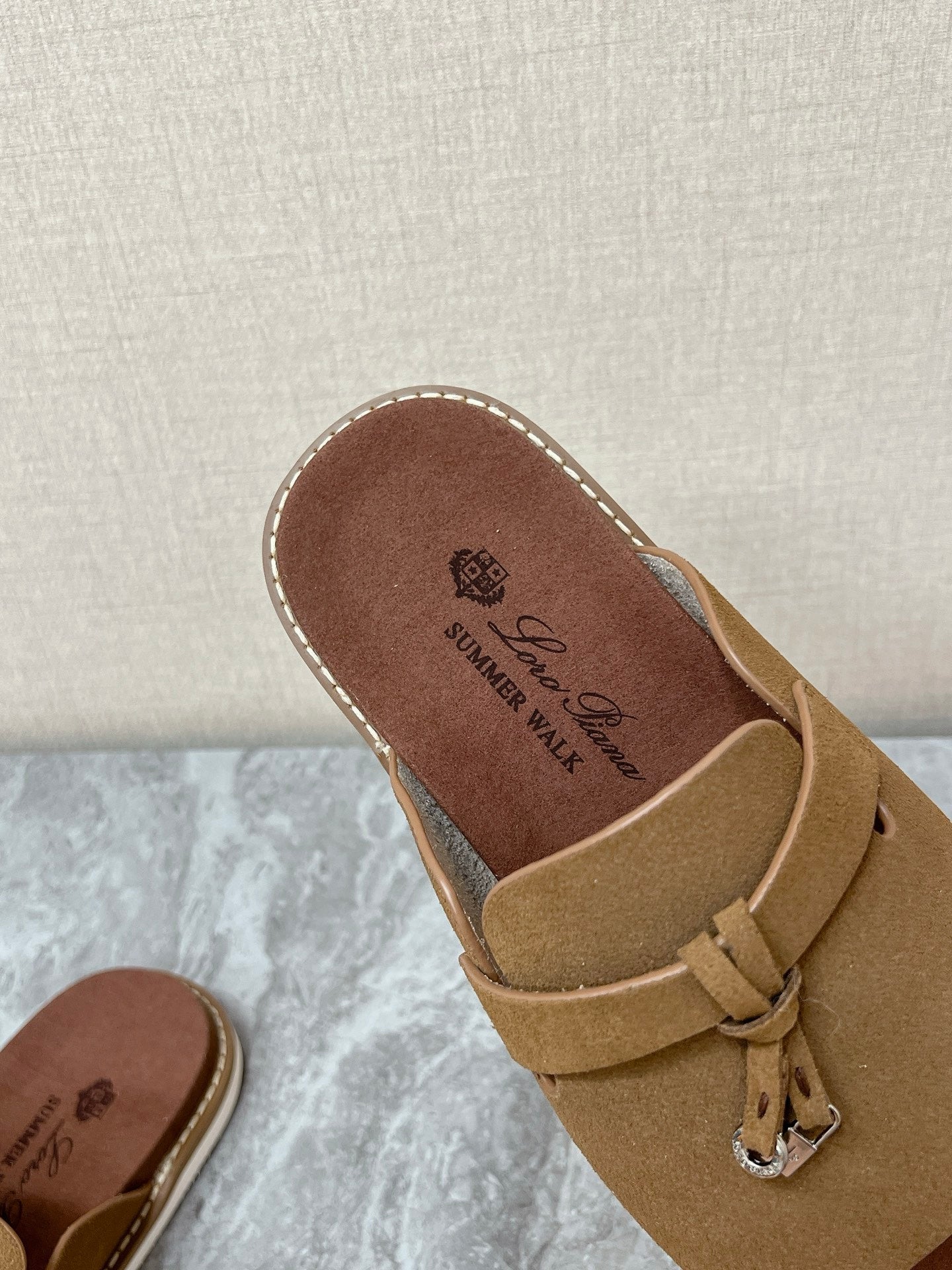 LP 26S LOCK CHARM SLIDES IN OLIVE BROWN SUEDE SILVER HARDWARE