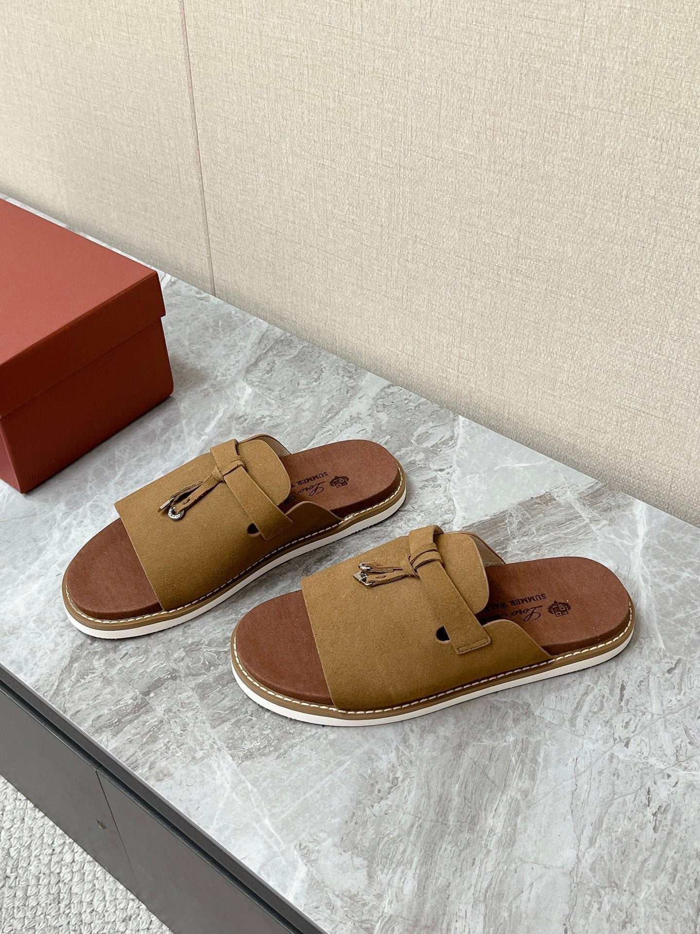 LP 26S LOCK CHARM SLIDES IN OLIVE BROWN SUEDE SILVER HARDWARE