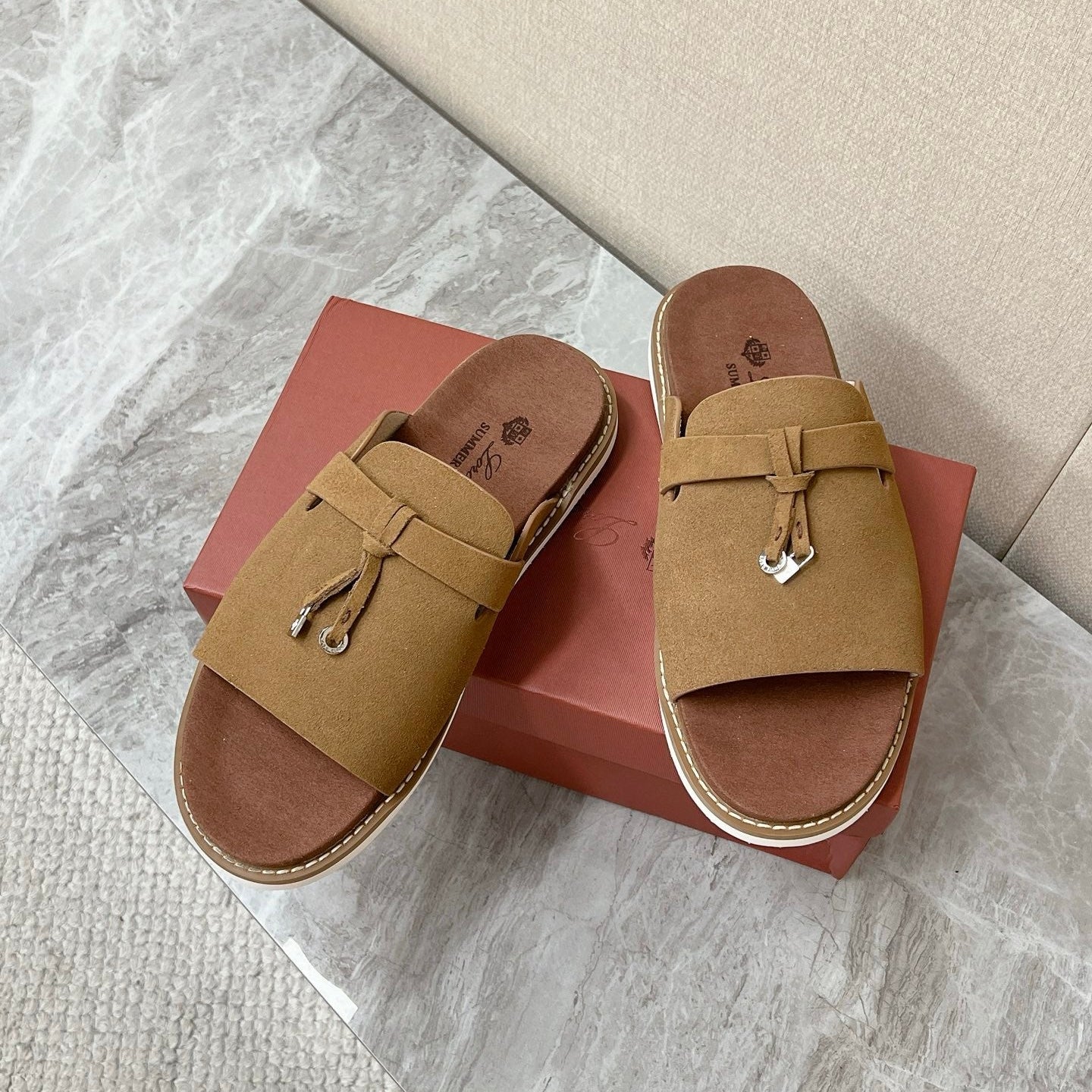 LP 26S LOCK CHARM SLIDES IN OLIVE BROWN SUEDE SILVER HARDWARE