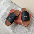 LP 26S LOCK CHARM SLIDES IN BLACK CALFSKIN SILVER HARDWARE