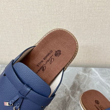 LP 26S LOCK CHARM SLIDES IN NAVY BLUE CALFSKIN SILVER HARDWARE