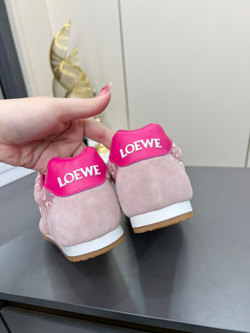 LOEWE 26S RUNNER 2.0 SNEAKERS IN LIGHT PINK SUEDE AND ANAGRAM JACQUARD