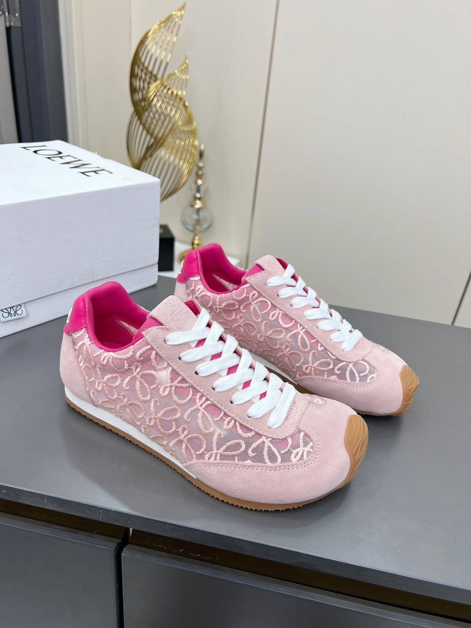 LOEWE 26S RUNNER 2.0 SNEAKERS IN LIGHT PINK SUEDE AND ANAGRAM JACQUARD