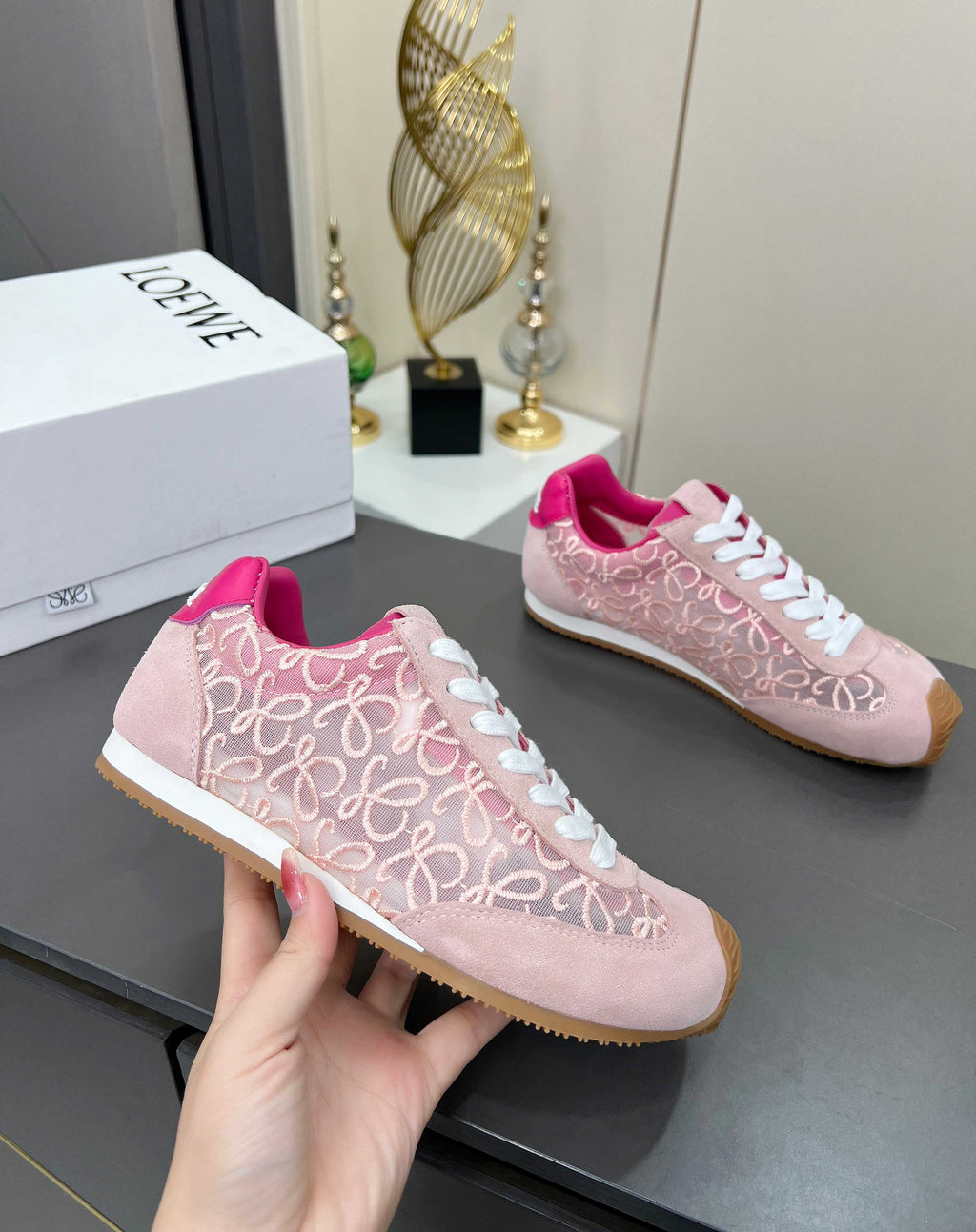 LOEWE 26S RUNNER 2.0 SNEAKERS IN LIGHT PINK SUEDE AND ANAGRAM JACQUARD