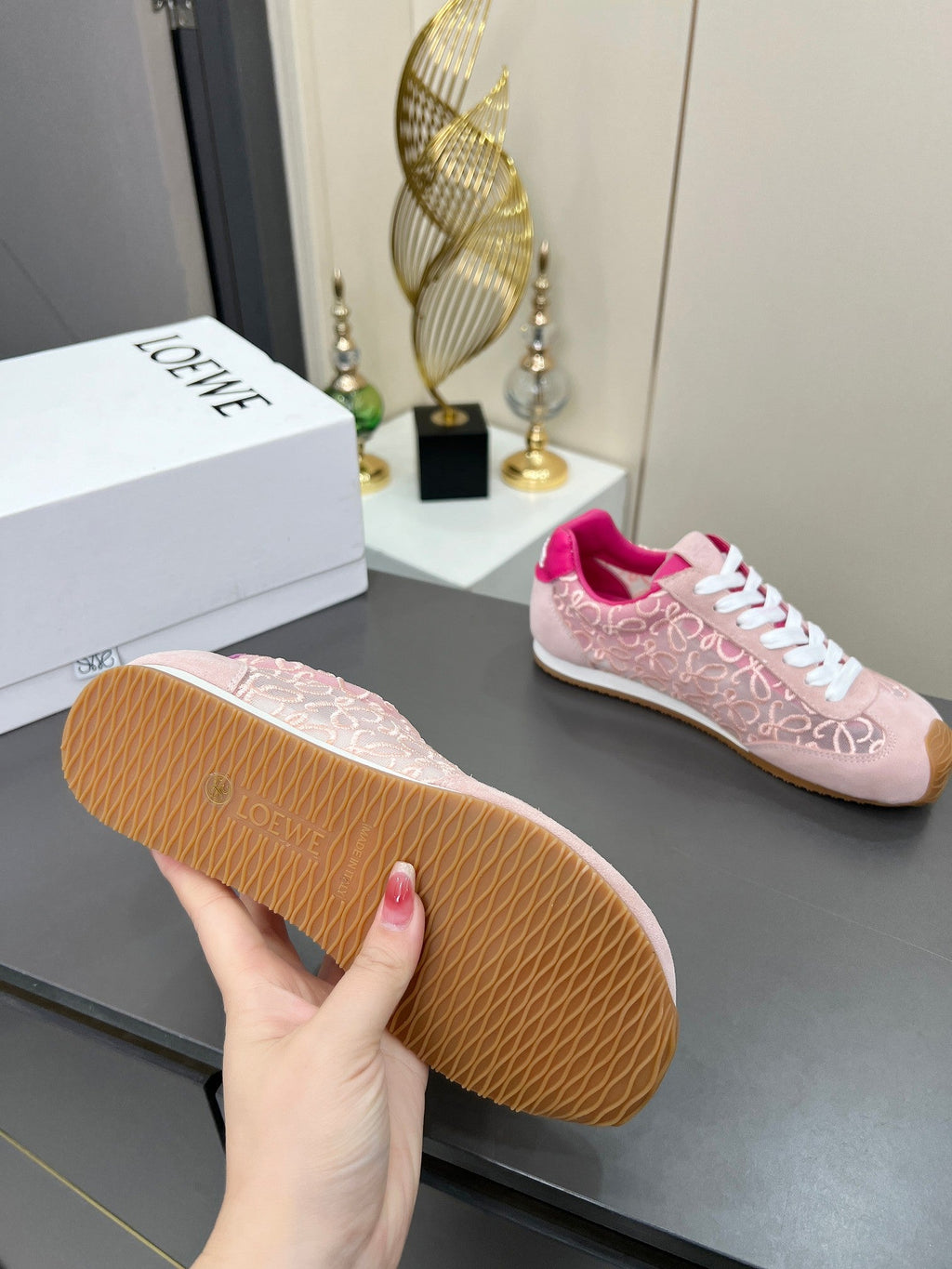 LOEWE 26S RUNNER 2.0 SNEAKERS IN LIGHT PINK SUEDE AND ANAGRAM JACQUARD
