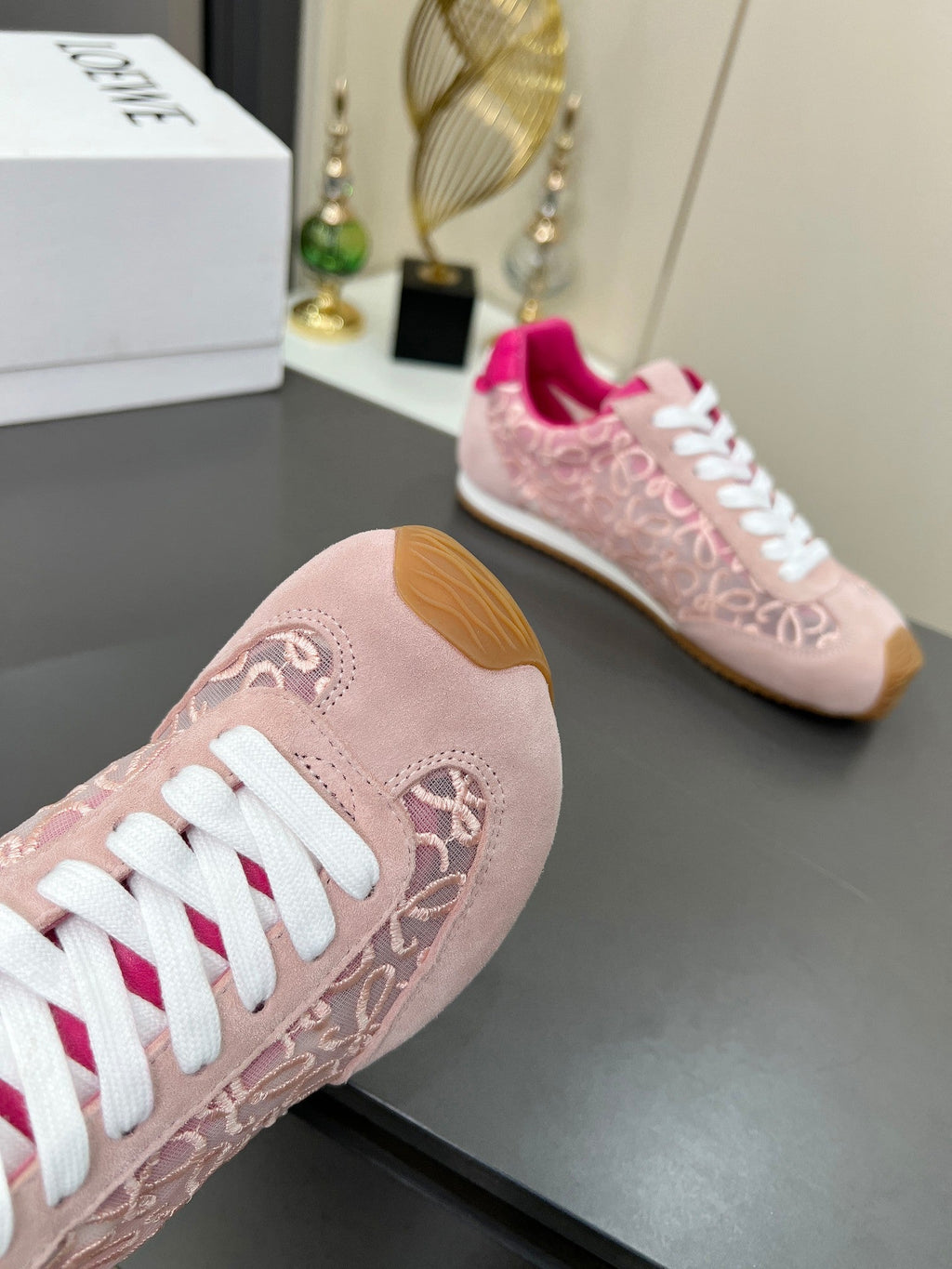 LOEWE 26S RUNNER 2.0 SNEAKERS IN LIGHT PINK SUEDE AND ANAGRAM JACQUARD