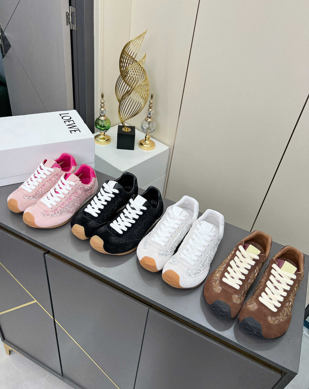 LOEWE 26S RUNNER 2.0 SNEAKERS IN WHITE SUEDE AND ANAGRAM JACQUARD