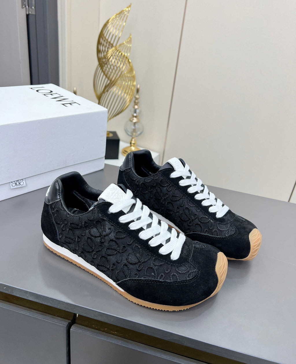LOEWE 26S RUNNER 2.0 SNEAKERS IN BLACK SUEDE AND ANAGRAM JACQUARD