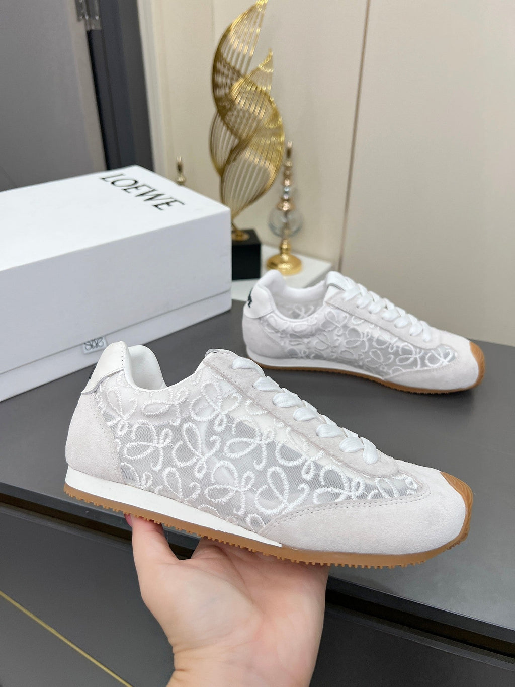LOEWE 26S RUNNER 2.0 SNEAKERS IN WHITE SUEDE AND ANAGRAM JACQUARD