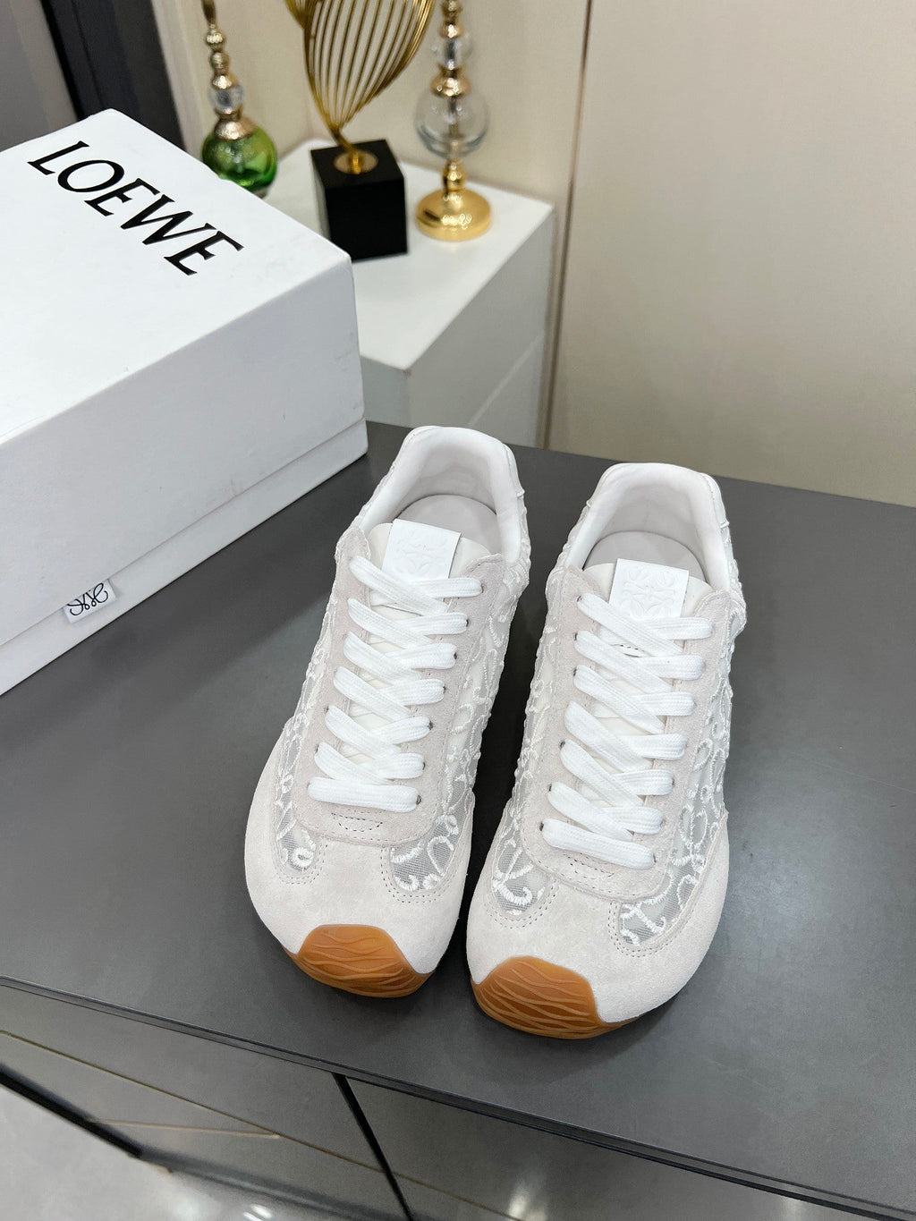 LOEWE 26S RUNNER 2.0 SNEAKERS IN WHITE SUEDE AND ANAGRAM JACQUARD