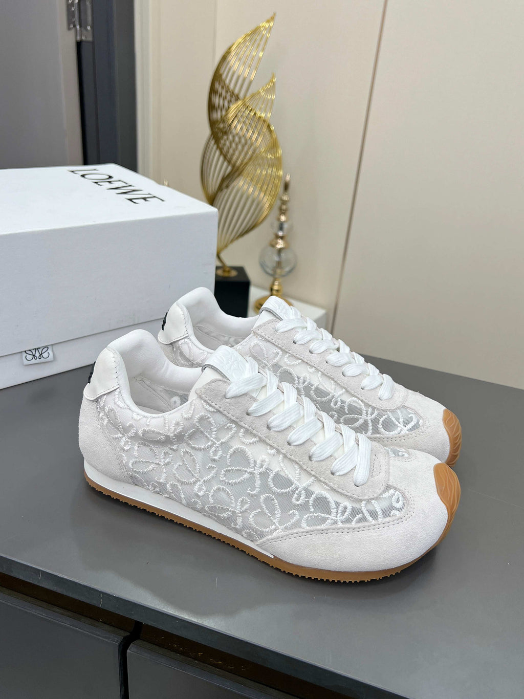 LOEWE 26S RUNNER 2.0 SNEAKERS IN WHITE SUEDE AND ANAGRAM JACQUARD