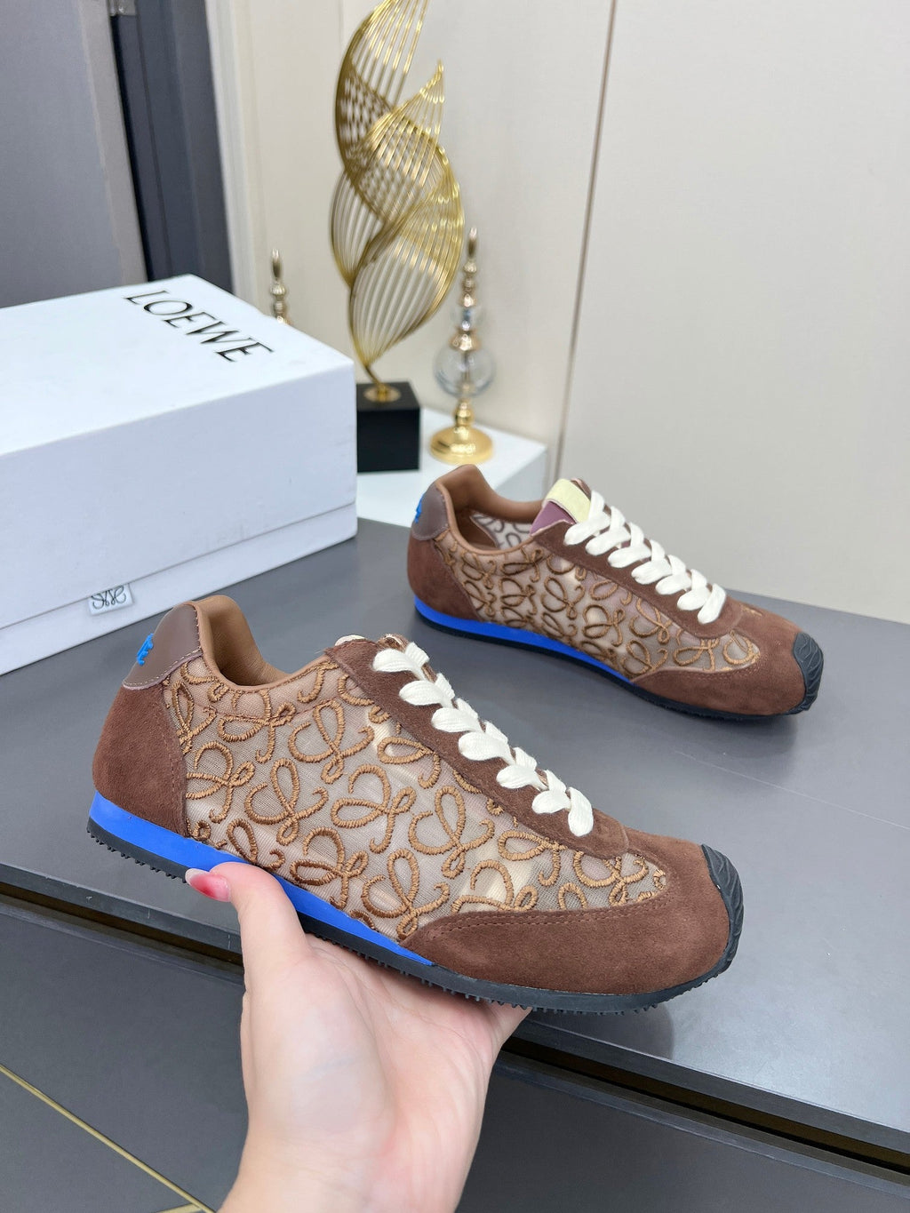LOEWE 26S RUNNER 2.0 SNEAKERS IN DARK BROWN SUEDE AND ANAGRAM JACQUARD