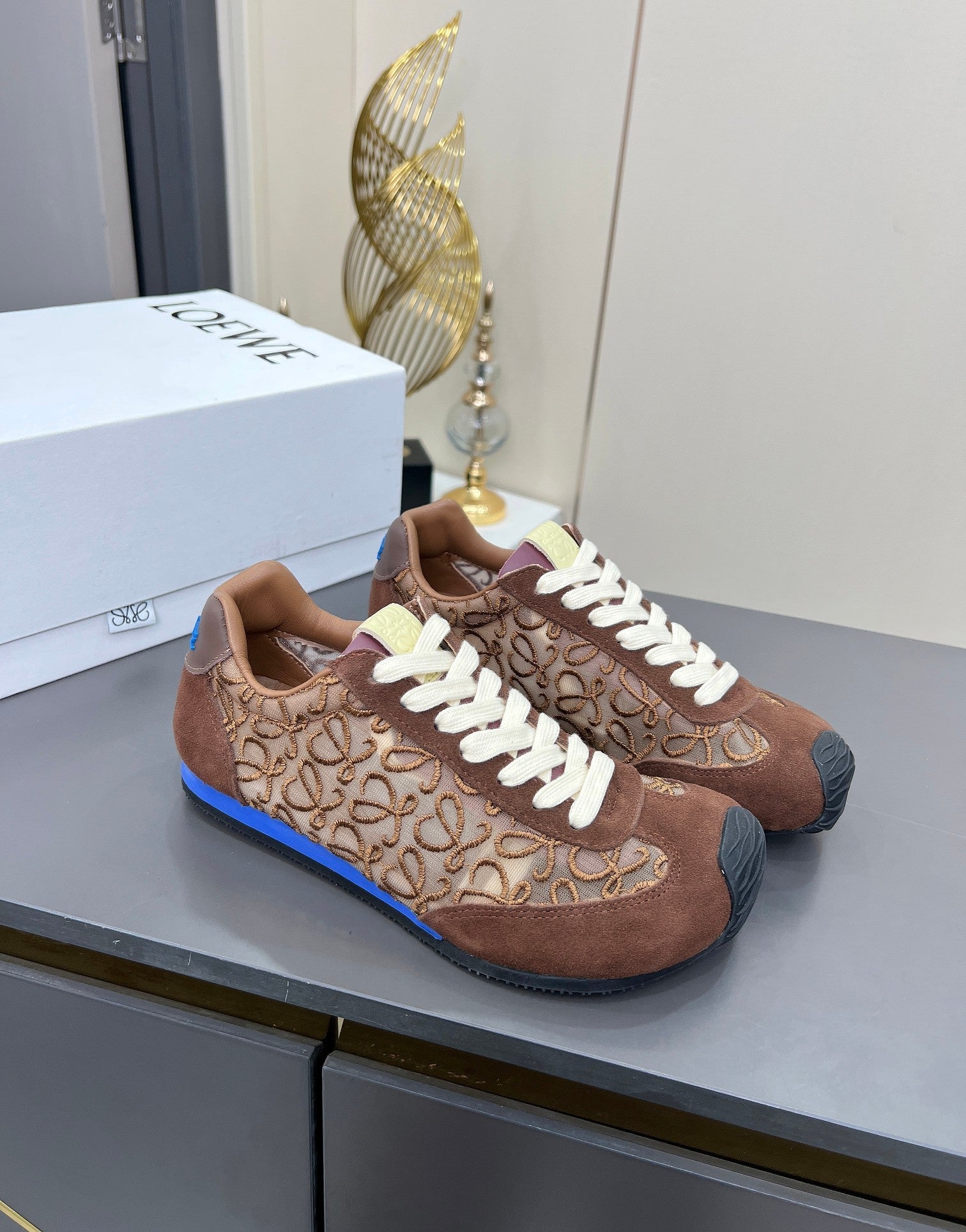 LOEWE 26S RUNNER 2.0 SNEAKERS IN DARK BROWN SUEDE AND ANAGRAM JACQUARD