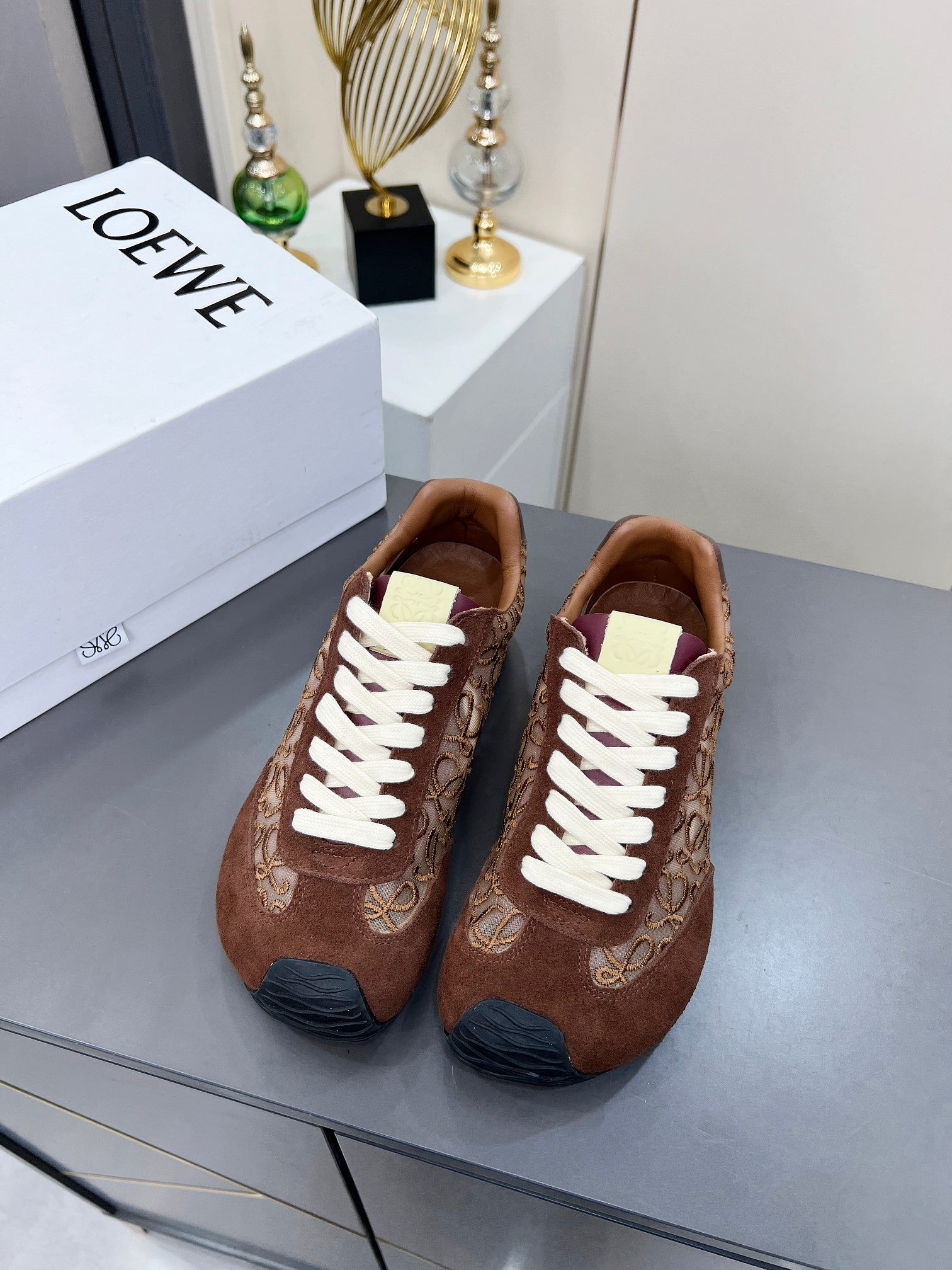 LOEWE 26S RUNNER 2.0 SNEAKERS IN DARK BROWN SUEDE AND ANAGRAM JACQUARD