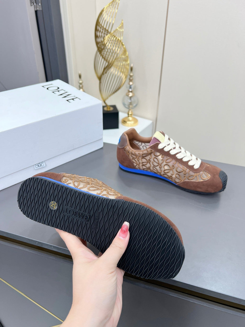 LOEWE 26S RUNNER 2.0 SNEAKERS IN DARK BROWN SUEDE AND ANAGRAM JACQUARD