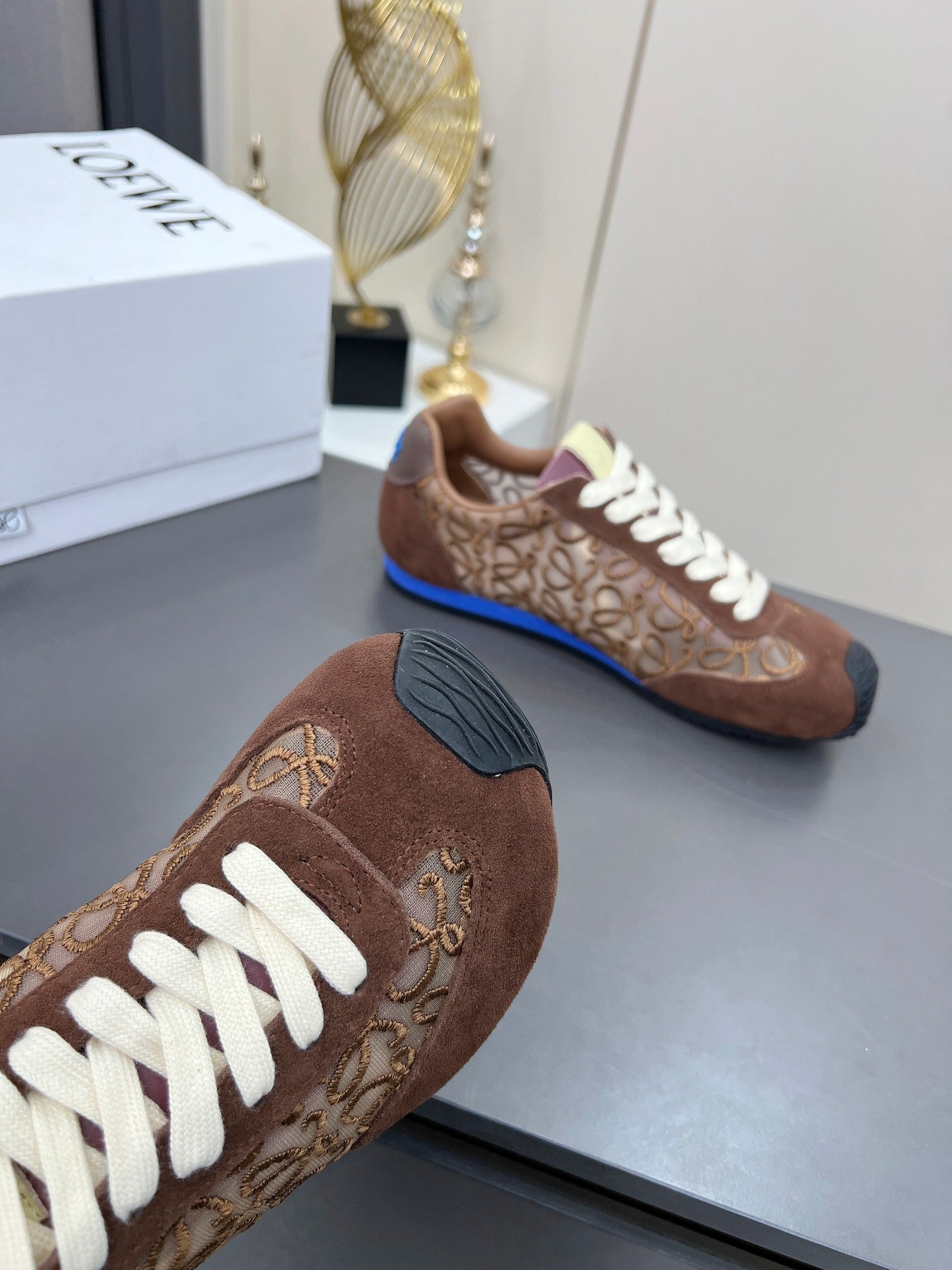 LOEWE 26S RUNNER 2.0 SNEAKERS IN DARK BROWN SUEDE AND ANAGRAM JACQUARD