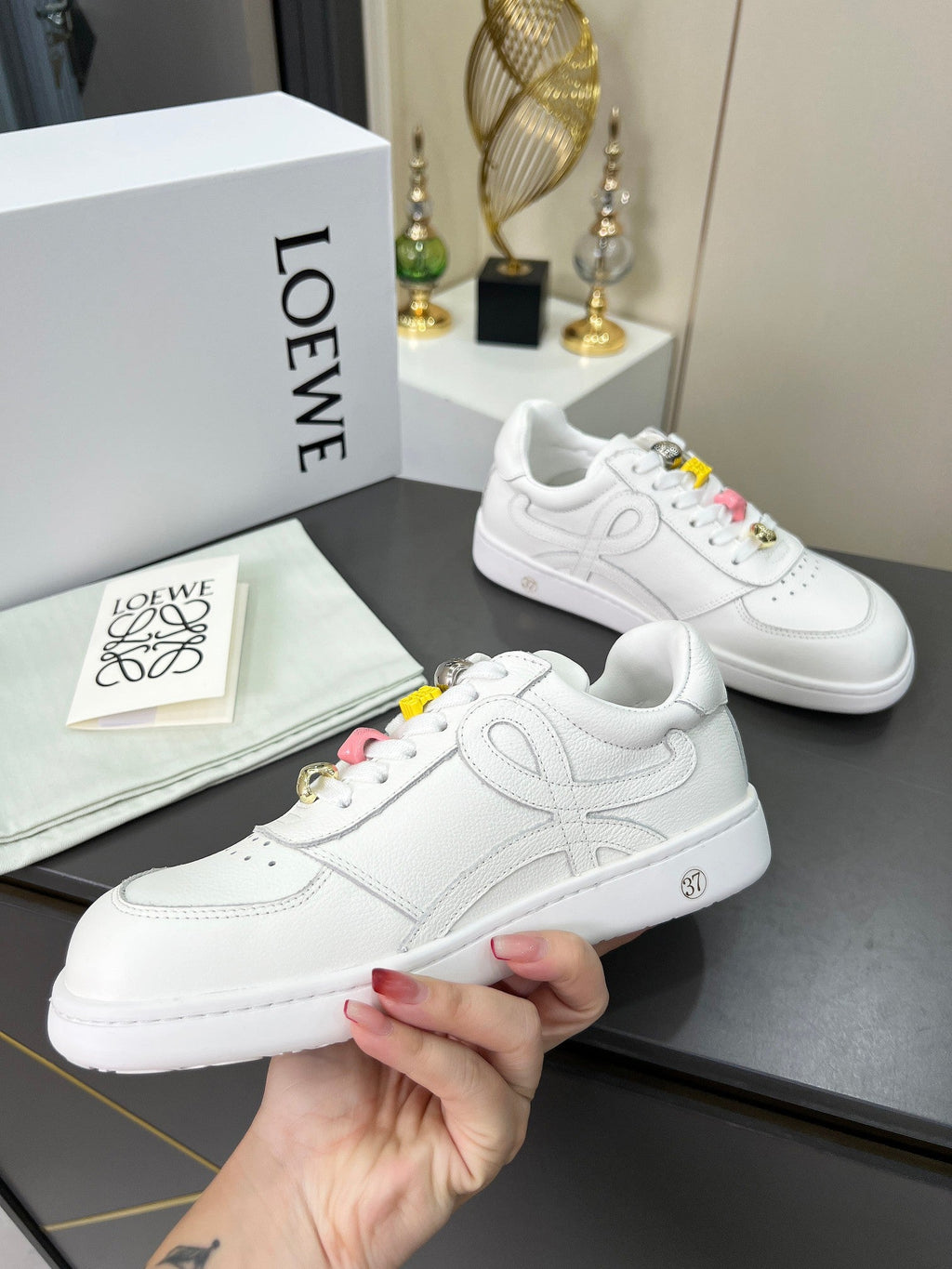 LOEWE 26S LOW TOP SNEAKERS IN WHITE CALFSKIN WITH CHARM LACES