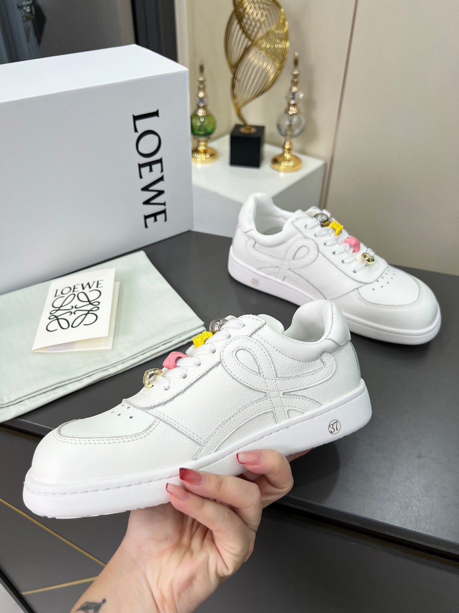 LOEWE 26S LOW TOP SNEAKERS IN WHITE CALFSKIN WITH CHARM LACES