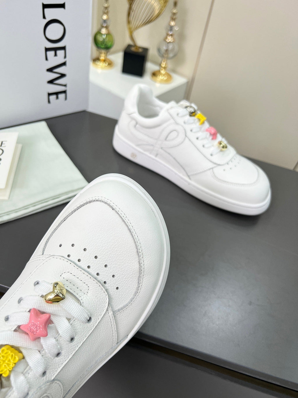 LOEWE 26S LOW TOP SNEAKERS IN WHITE CALFSKIN WITH CHARM LACES