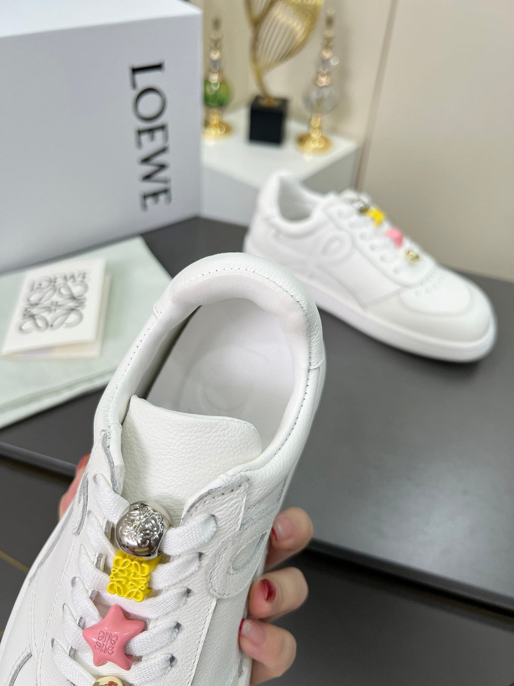 LOEWE 26S LOW TOP SNEAKERS IN WHITE CALFSKIN WITH CHARM LACES