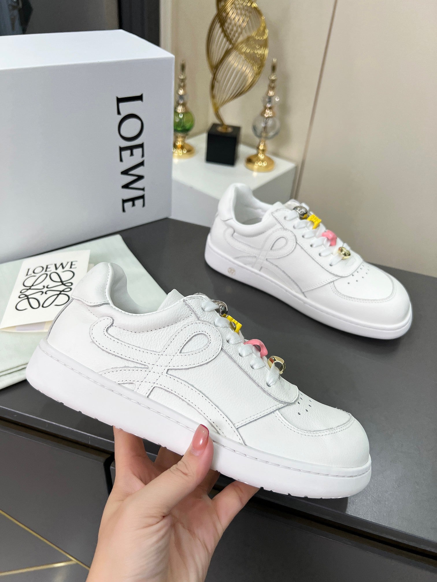 LOEWE 26S LOW TOP SNEAKERS IN WHITE CALFSKIN WITH CHARM LACES