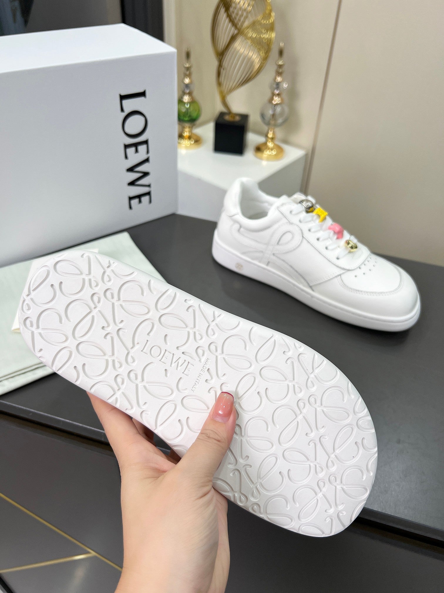 LOEWE 26S LOW TOP SNEAKERS IN WHITE CALFSKIN WITH CHARM LACES