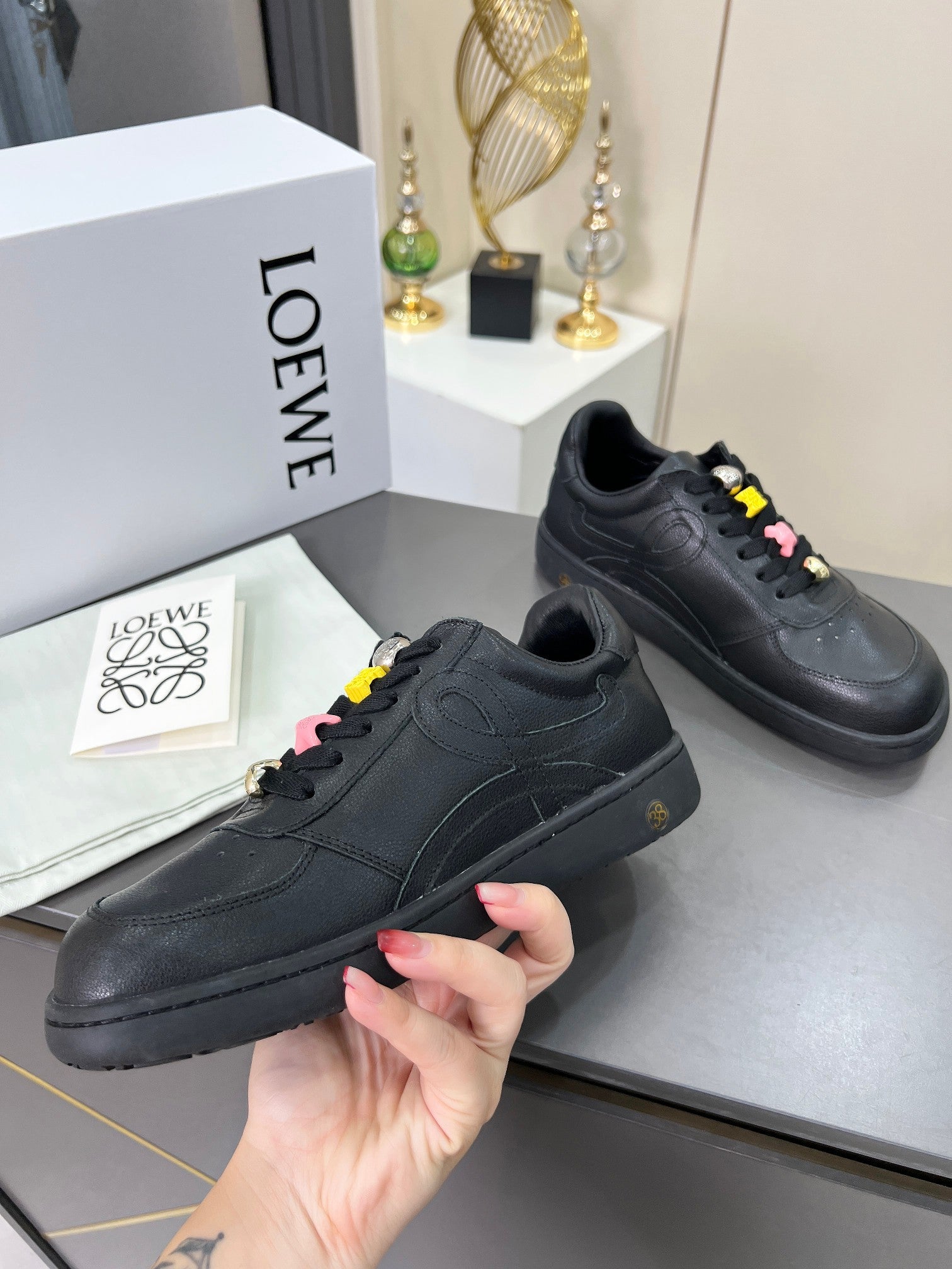 LOEWE 26S LOW TOP SNEAKERS IN BLACK CALFSKIN WITH CHARM LACES