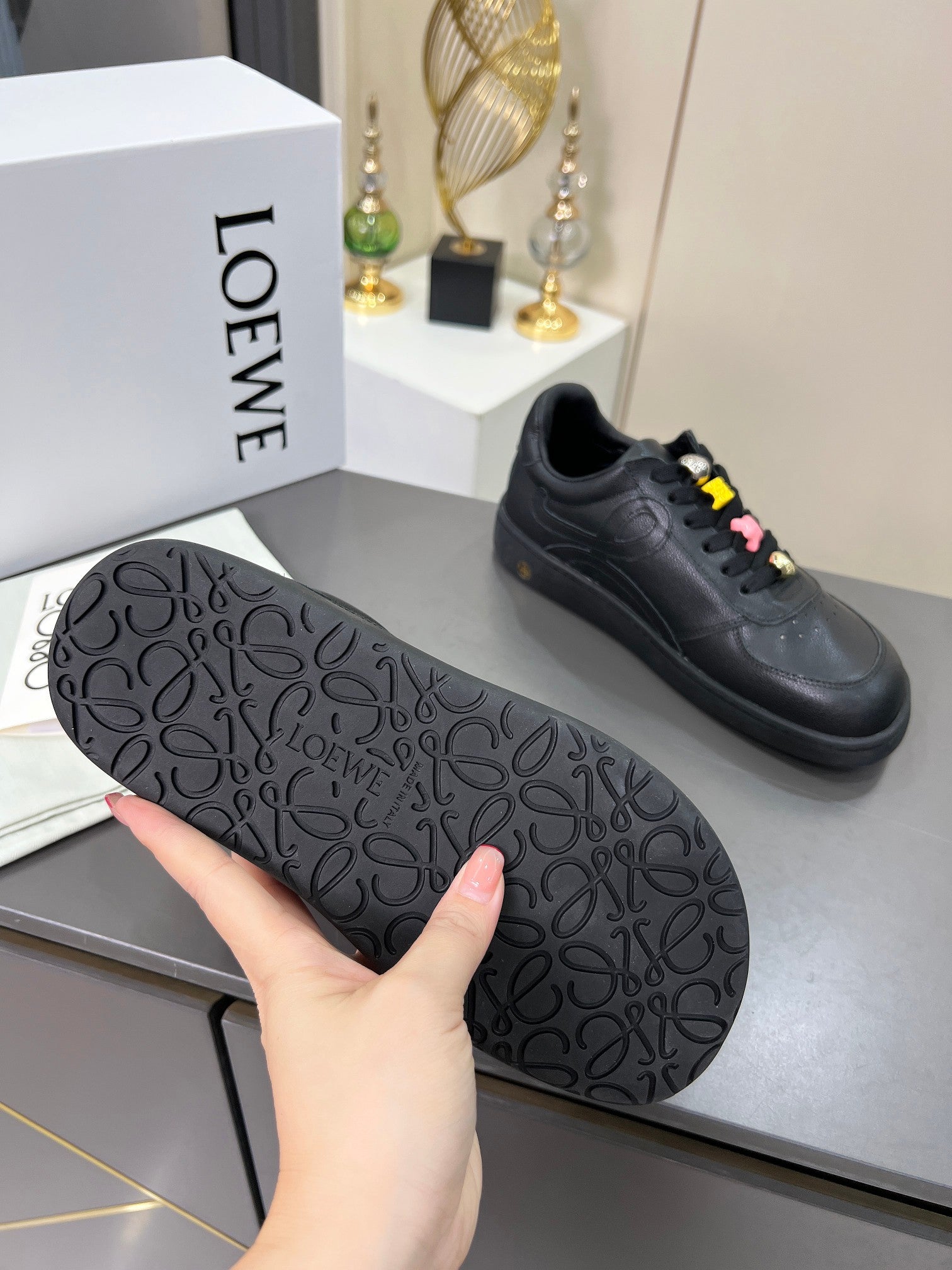 LOEWE 26S LOW TOP SNEAKERS IN BLACK CALFSKIN WITH CHARM LACES