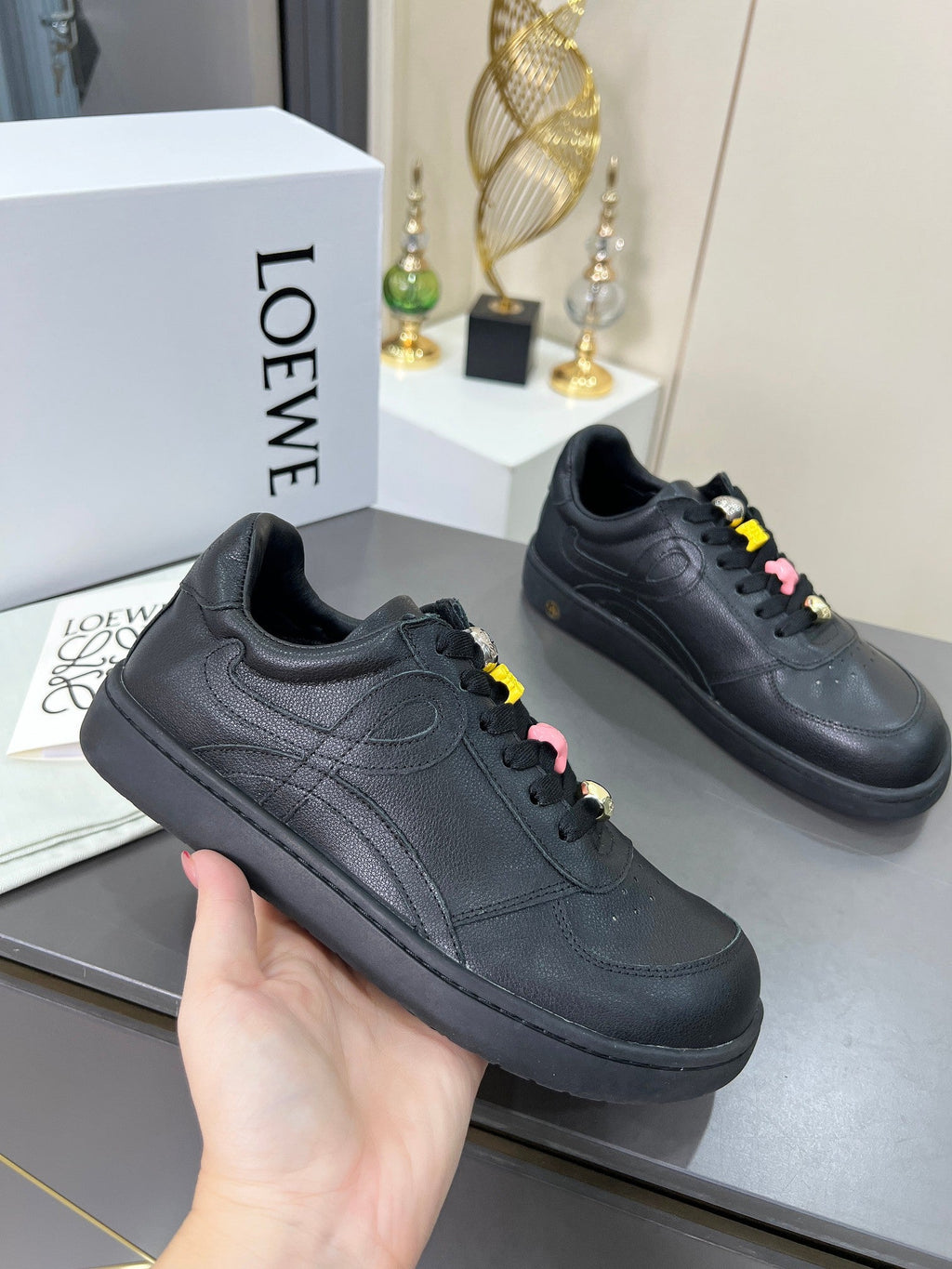 LOEWE 26S LOW TOP SNEAKERS IN BLACK CALFSKIN WITH CHARM LACES
