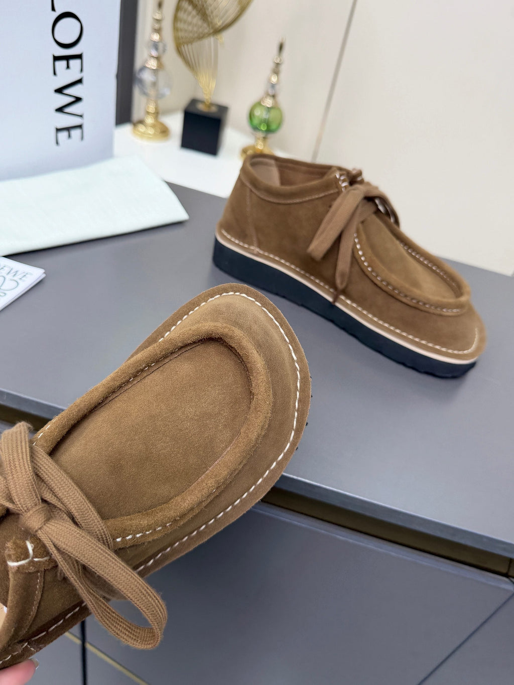LOEWE 26S ANKLE BOOTS IN CARAMEL BROWN SUEDE