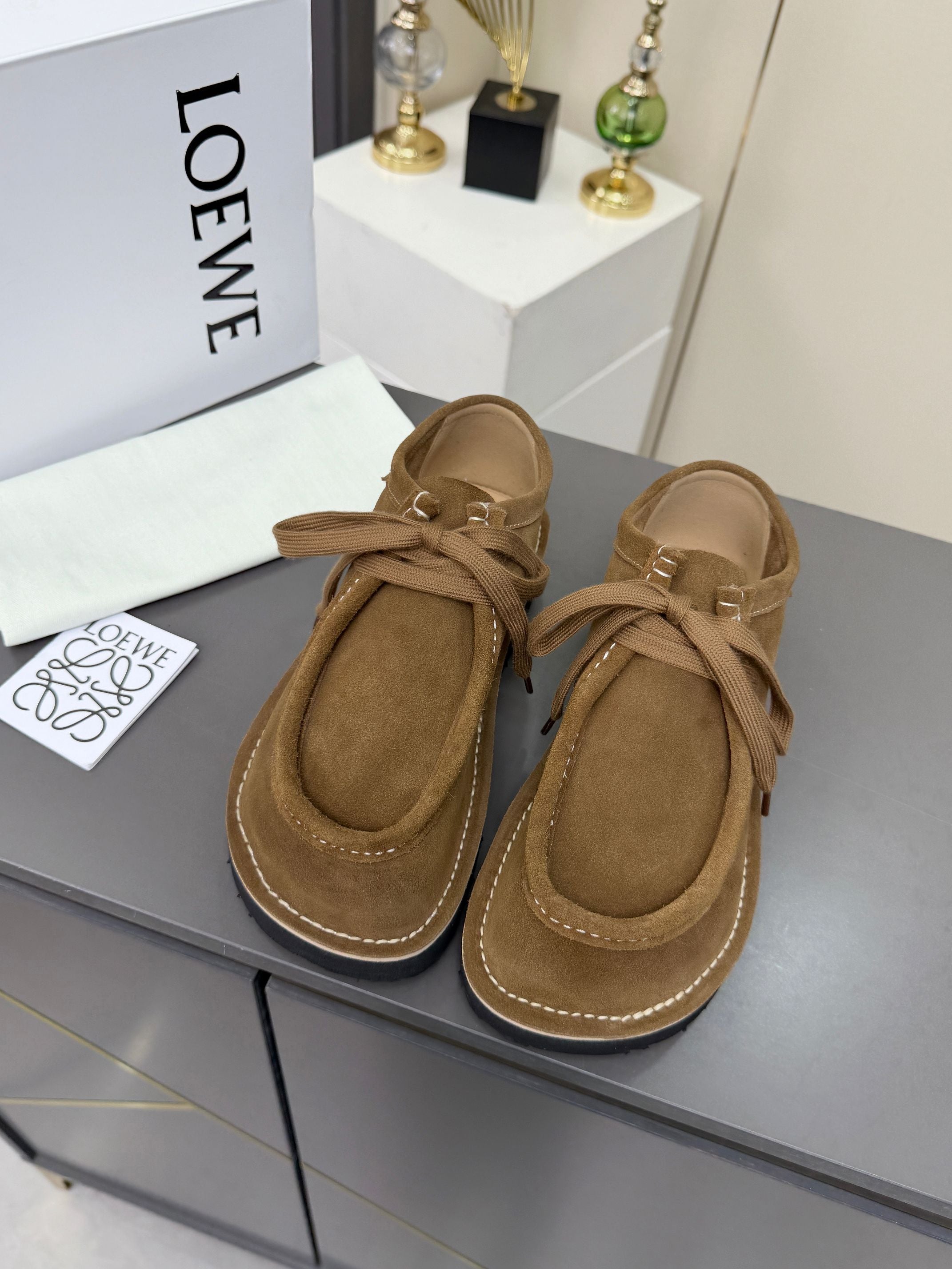 LOEWE 26S ANKLE BOOTS IN CARAMEL BROWN SUEDE