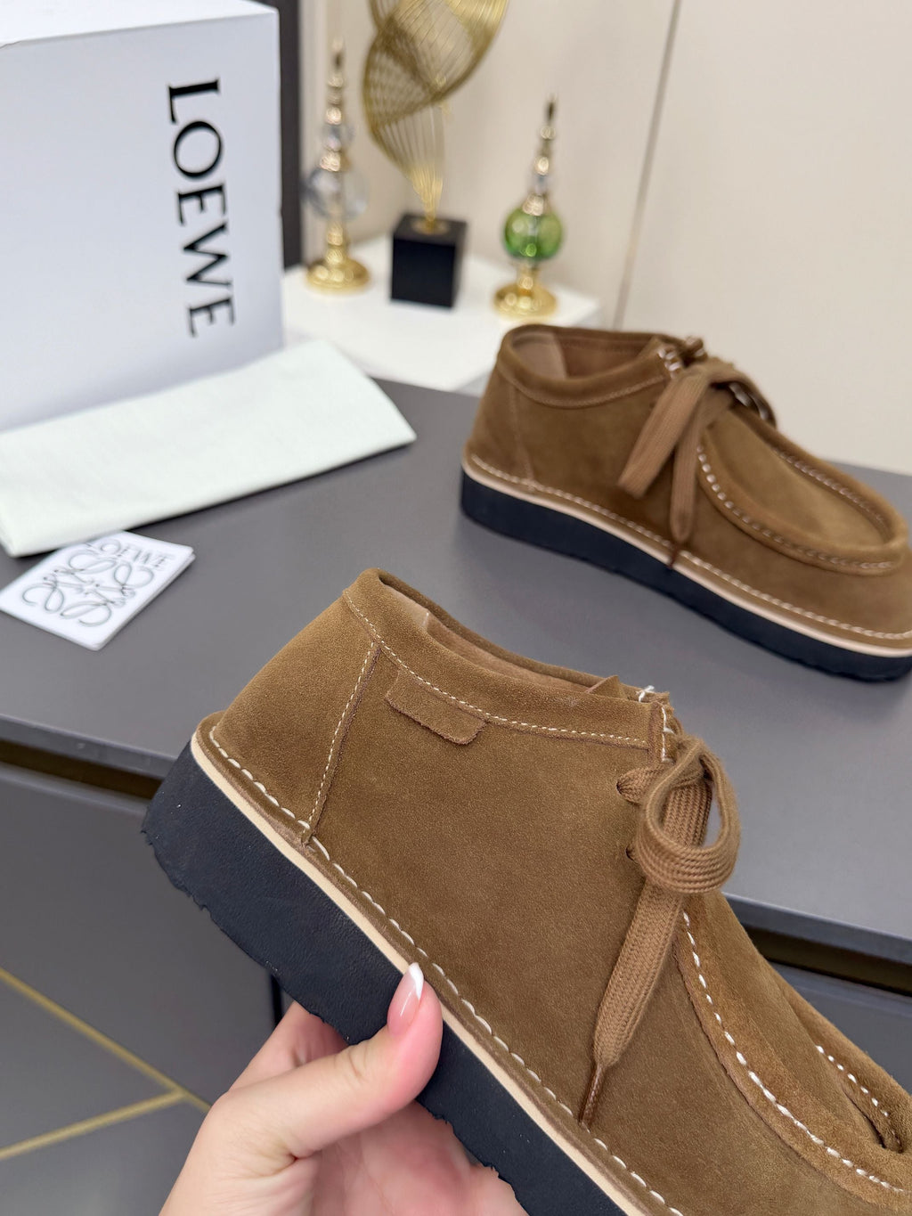 LOEWE 26S ANKLE BOOTS IN CARAMEL BROWN SUEDE